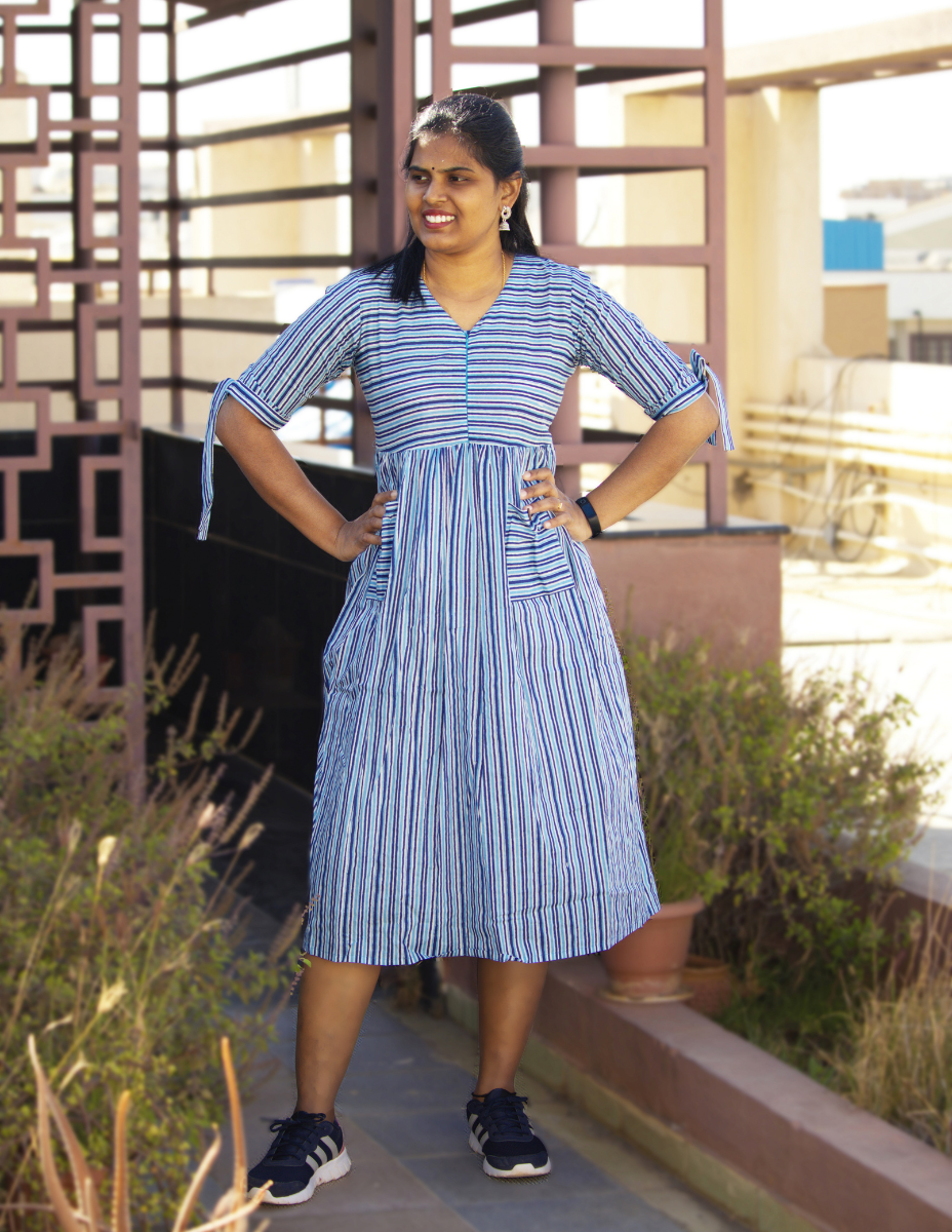 Striped Block printed Cotton Dress - Blue