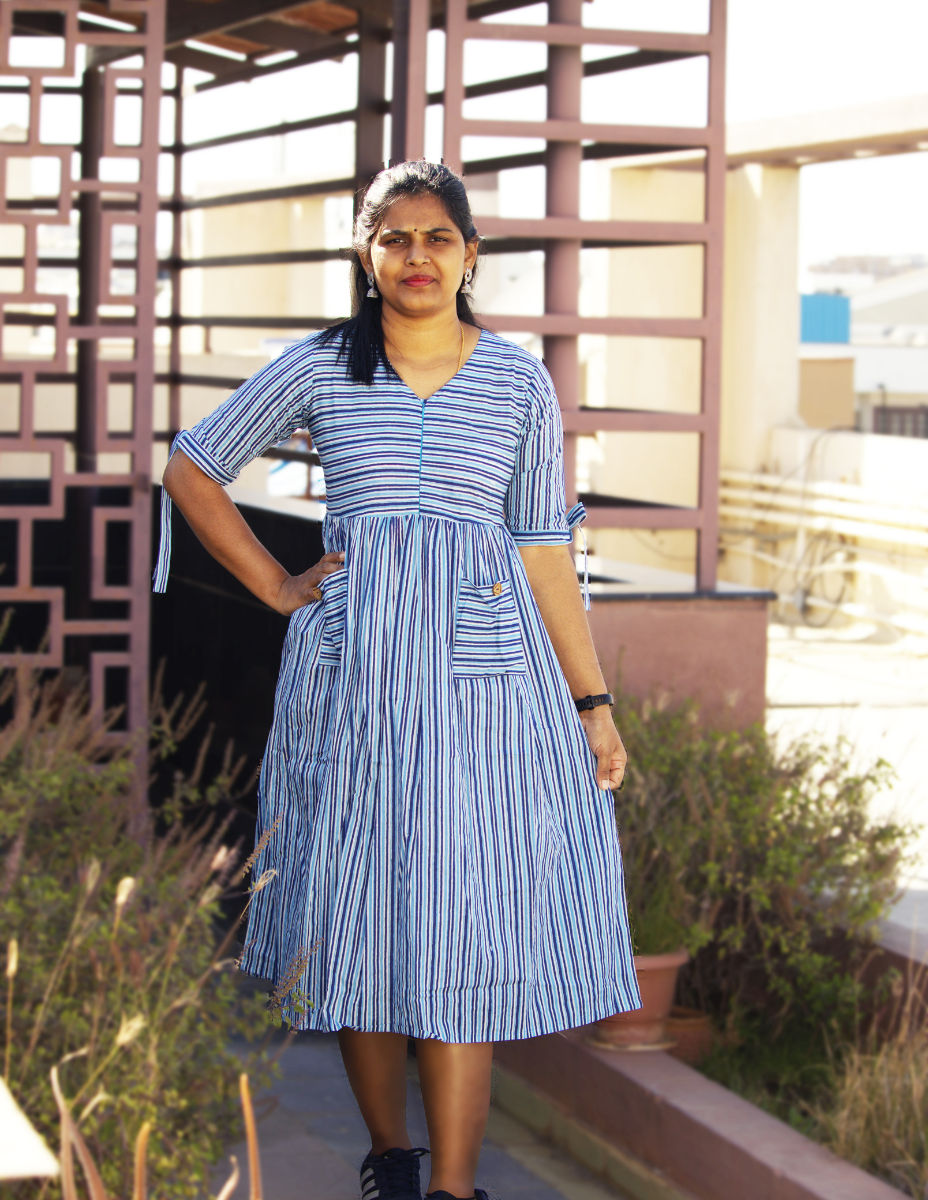 Striped Block printed Cotton Dress - Blue