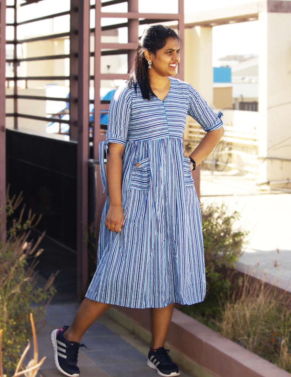 Striped Block printed Cotton Dress - Blue