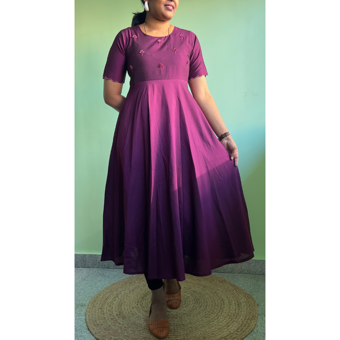Tara - Wine color silk cotton dress with handwork