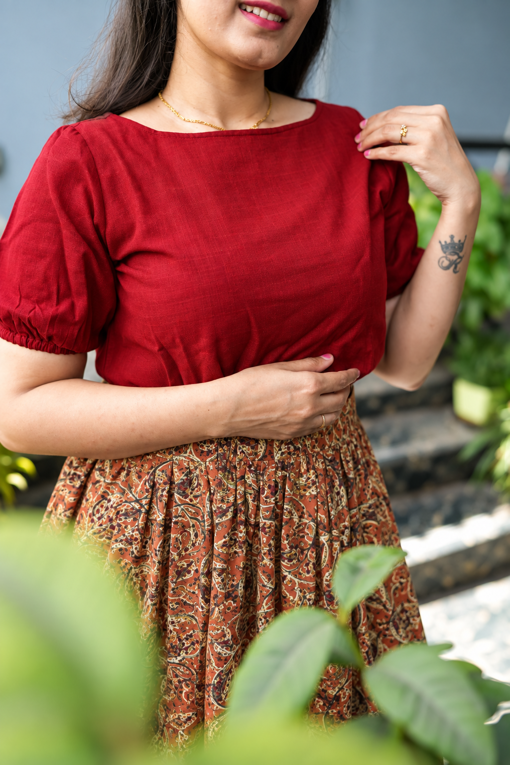 Avni - Kalamkari Skirt Set - Maroon