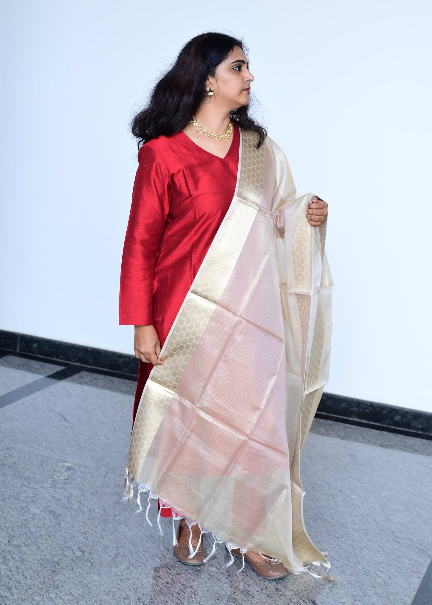 Namrata - Maroon Silk cotton set with Premium Tissue Dupatta