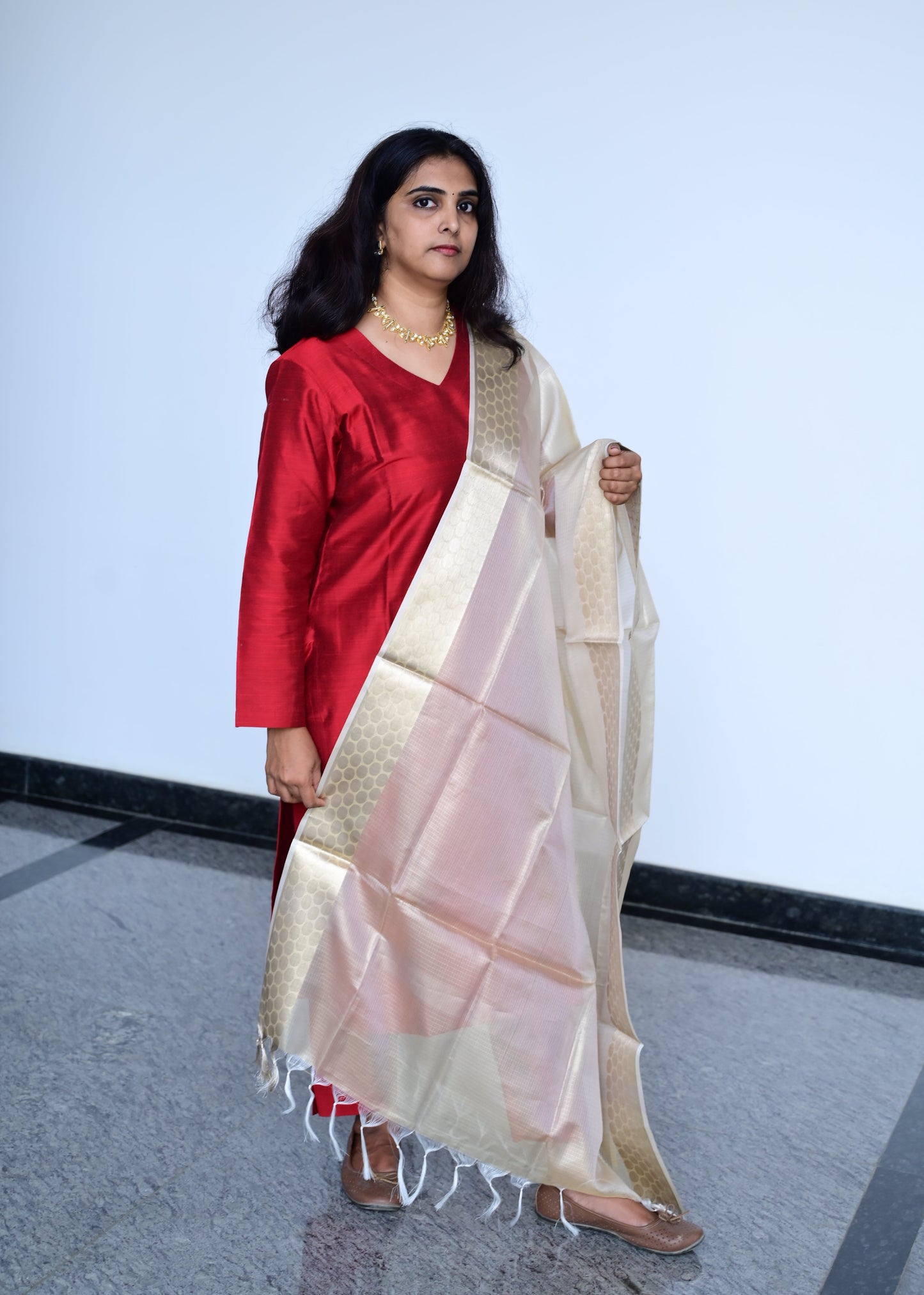 Namrata - Maroon Silk cotton set with Premium Tissue Dupatta