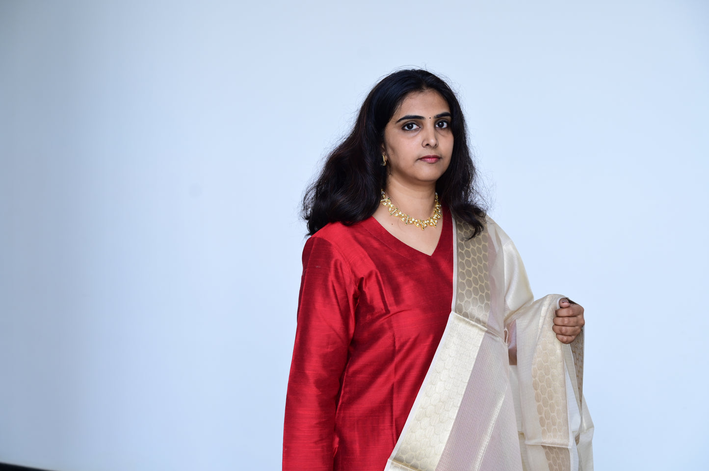 Namrata - Maroon Silk cotton set with Premium Tissue Dupatta