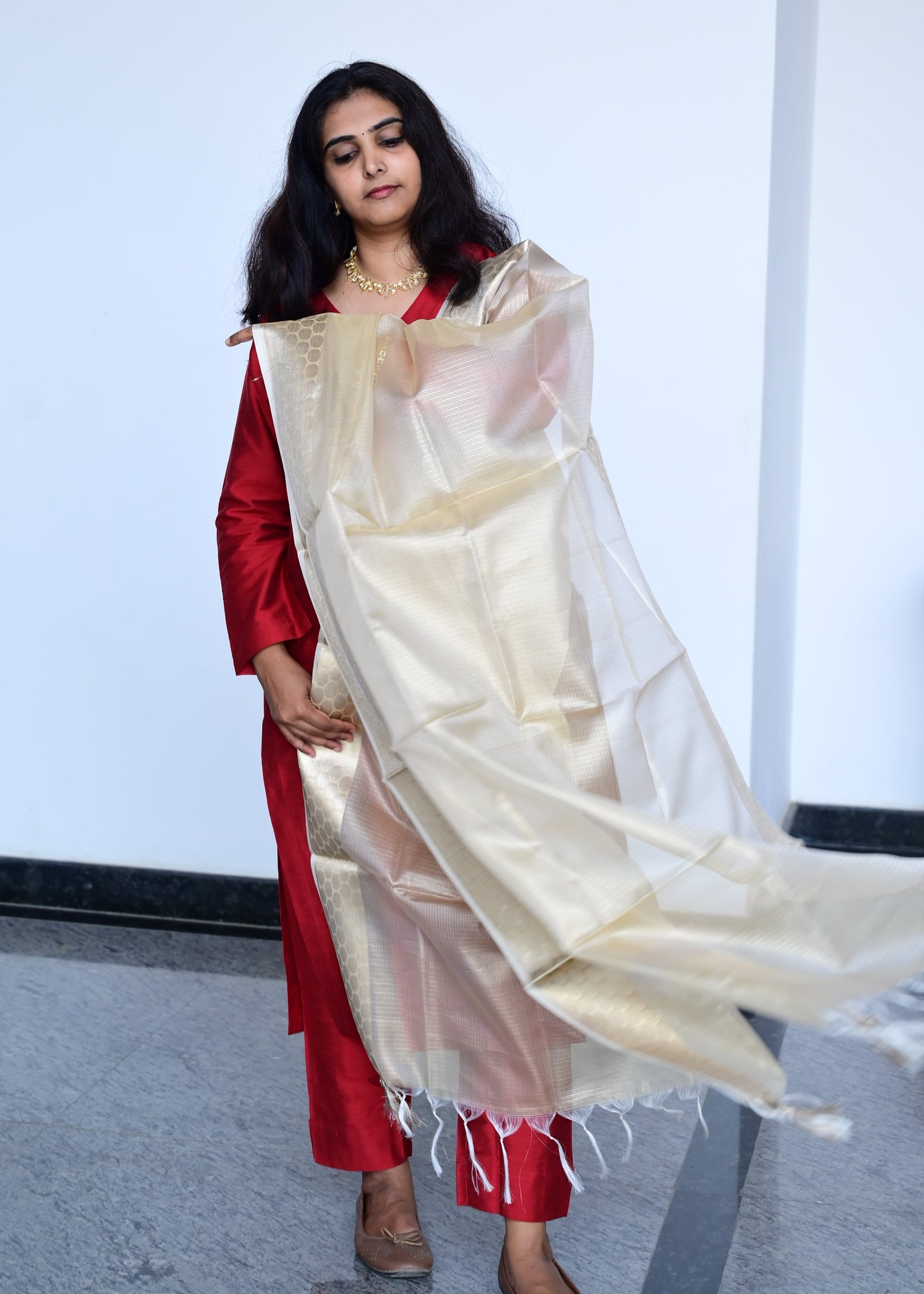 Namrata - Maroon Silk cotton set with Premium Tissue Dupatta