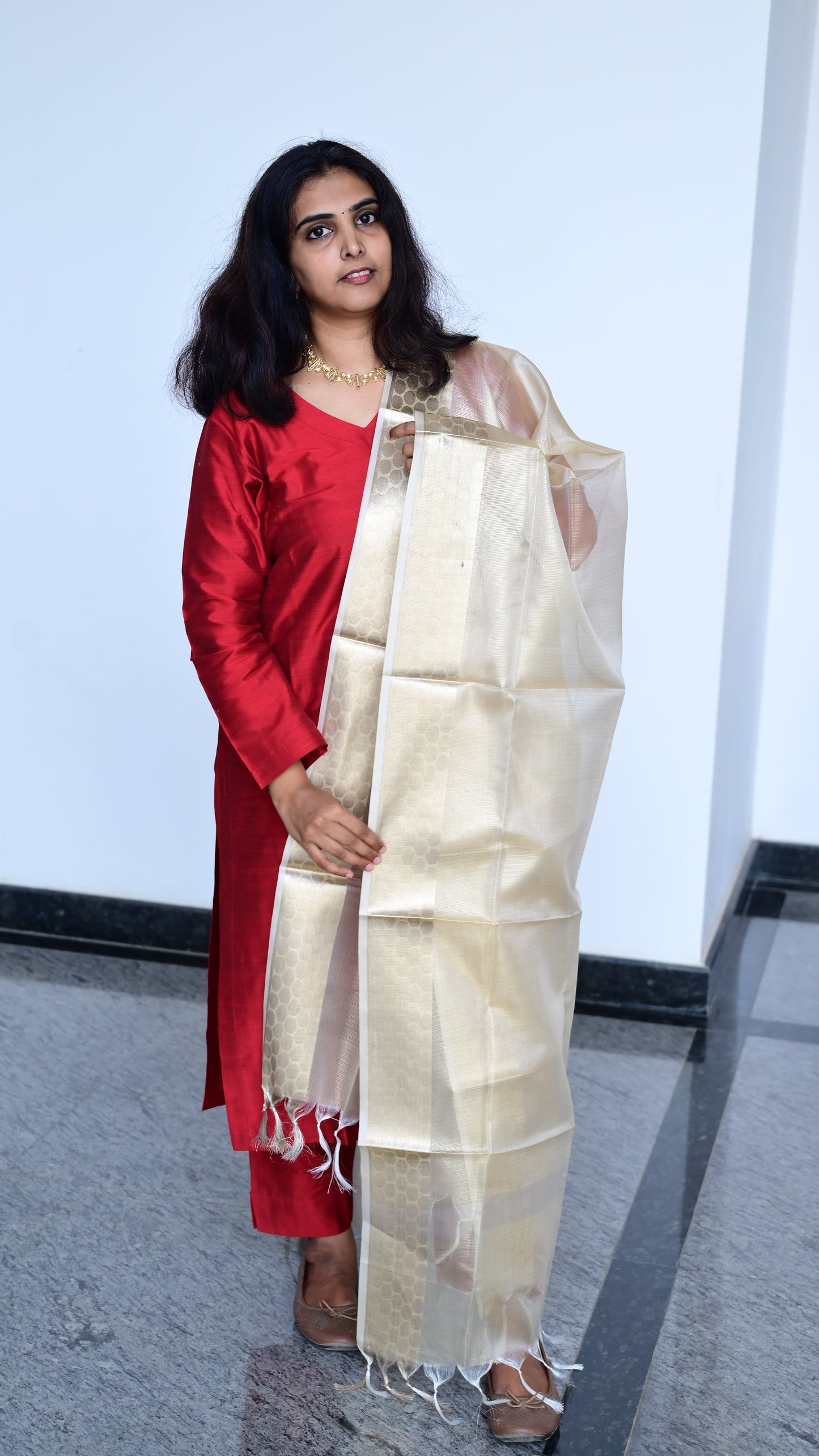 Namrata - Maroon Silk cotton set with Premium Tissue Dupatta