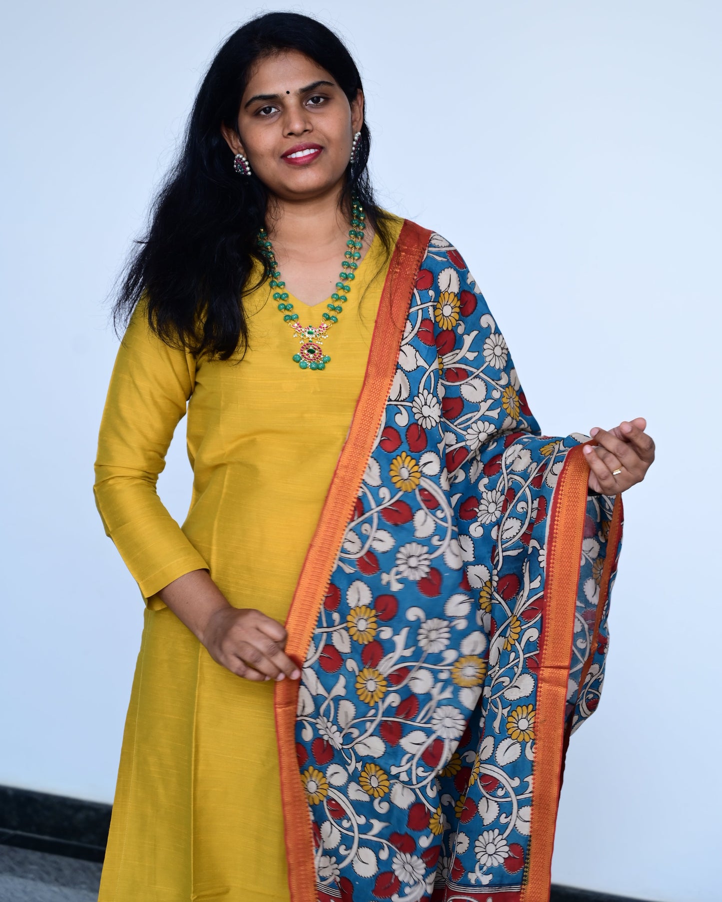 Aarohi - Mustard Yellow Silk cotton set with Kalamkari dupatta