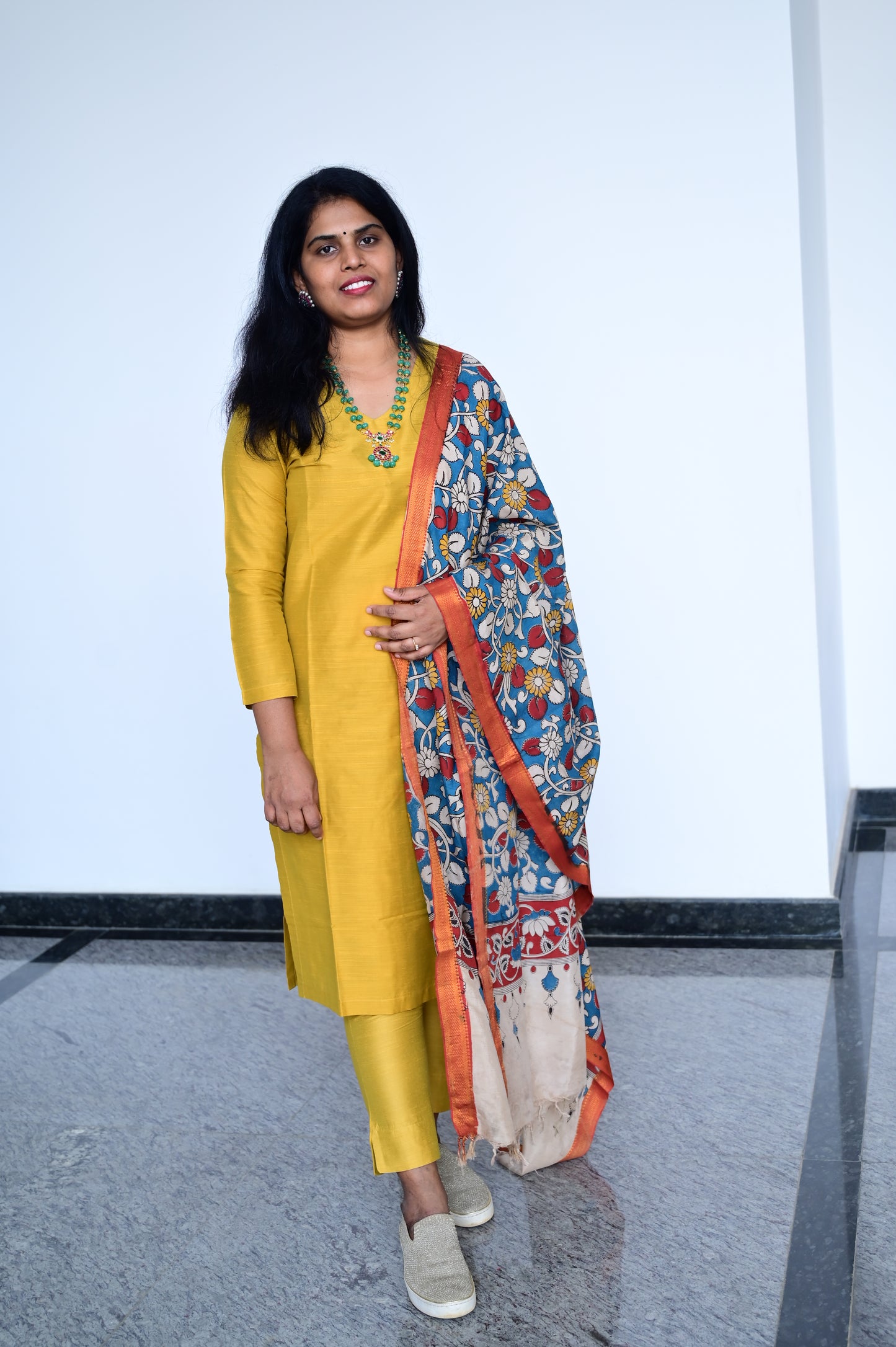 Aarohi - Mustard Yellow Silk cotton set with Kalamkari dupatta