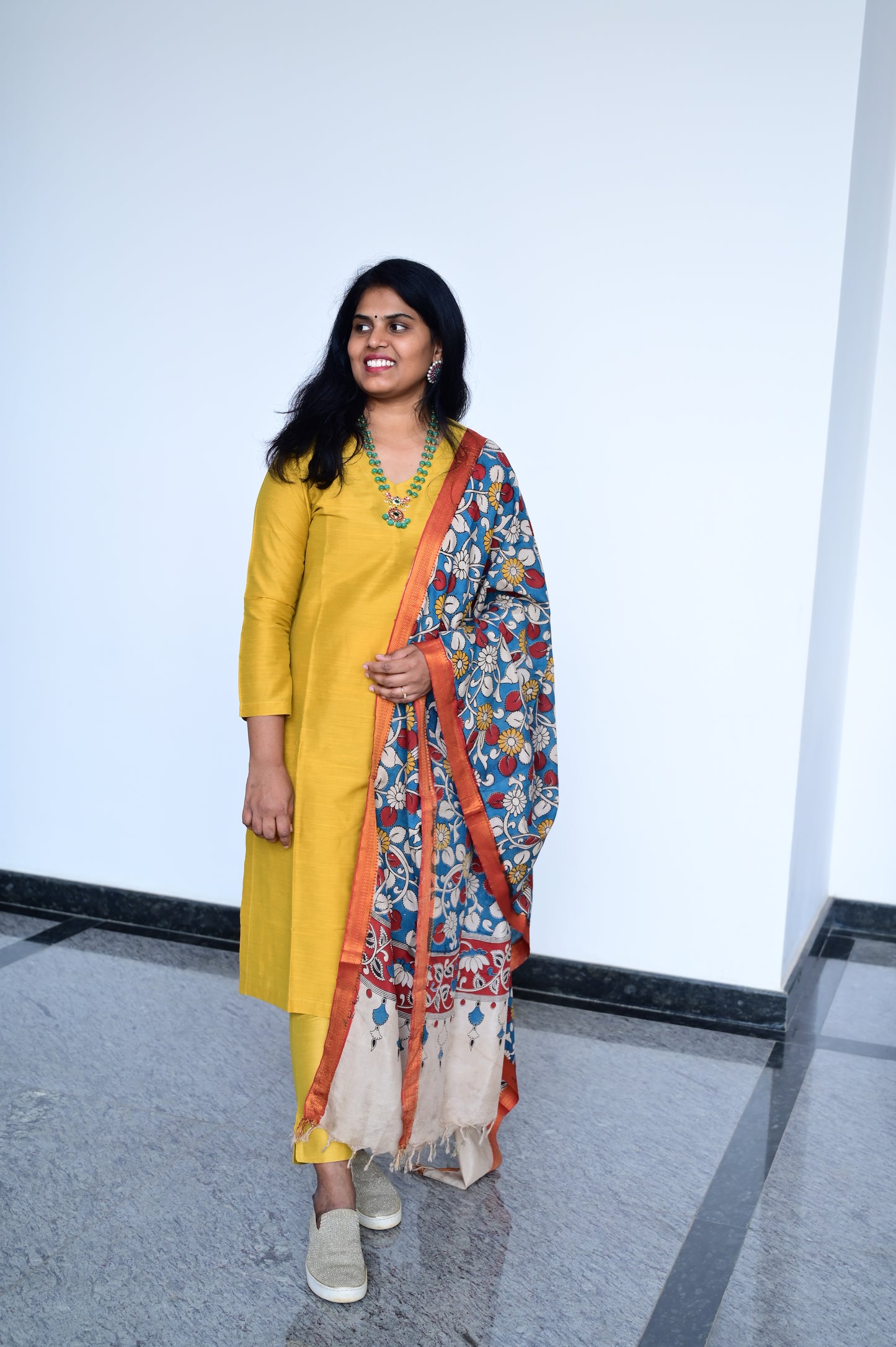 Aarohi - Mustard Yellow Silk cotton set with Kalamkari dupatta