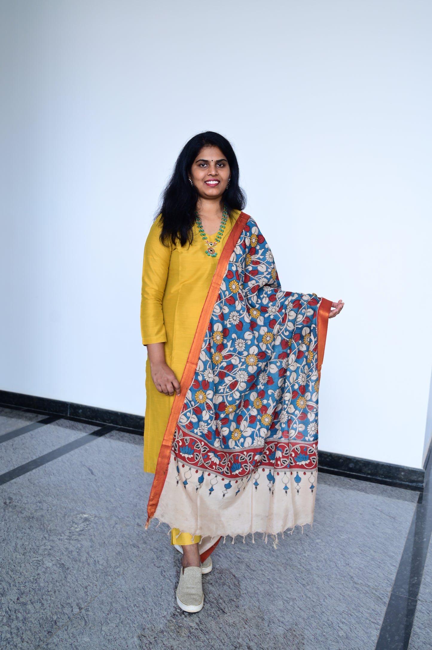 Aarohi - Mustard Yellow Silk cotton set with Kalamkari dupatta
