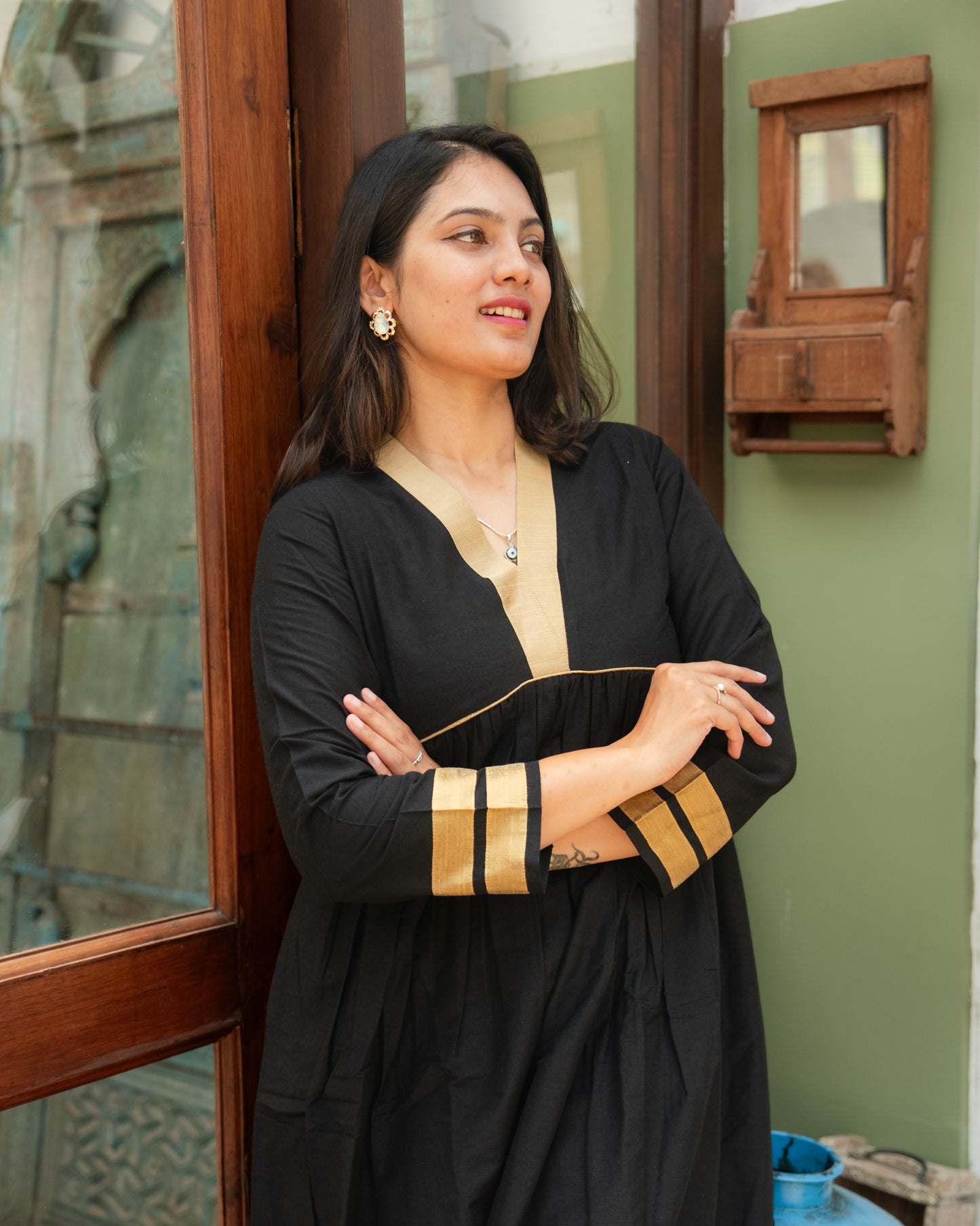 Evara - Black Gold Silk Cotton Set