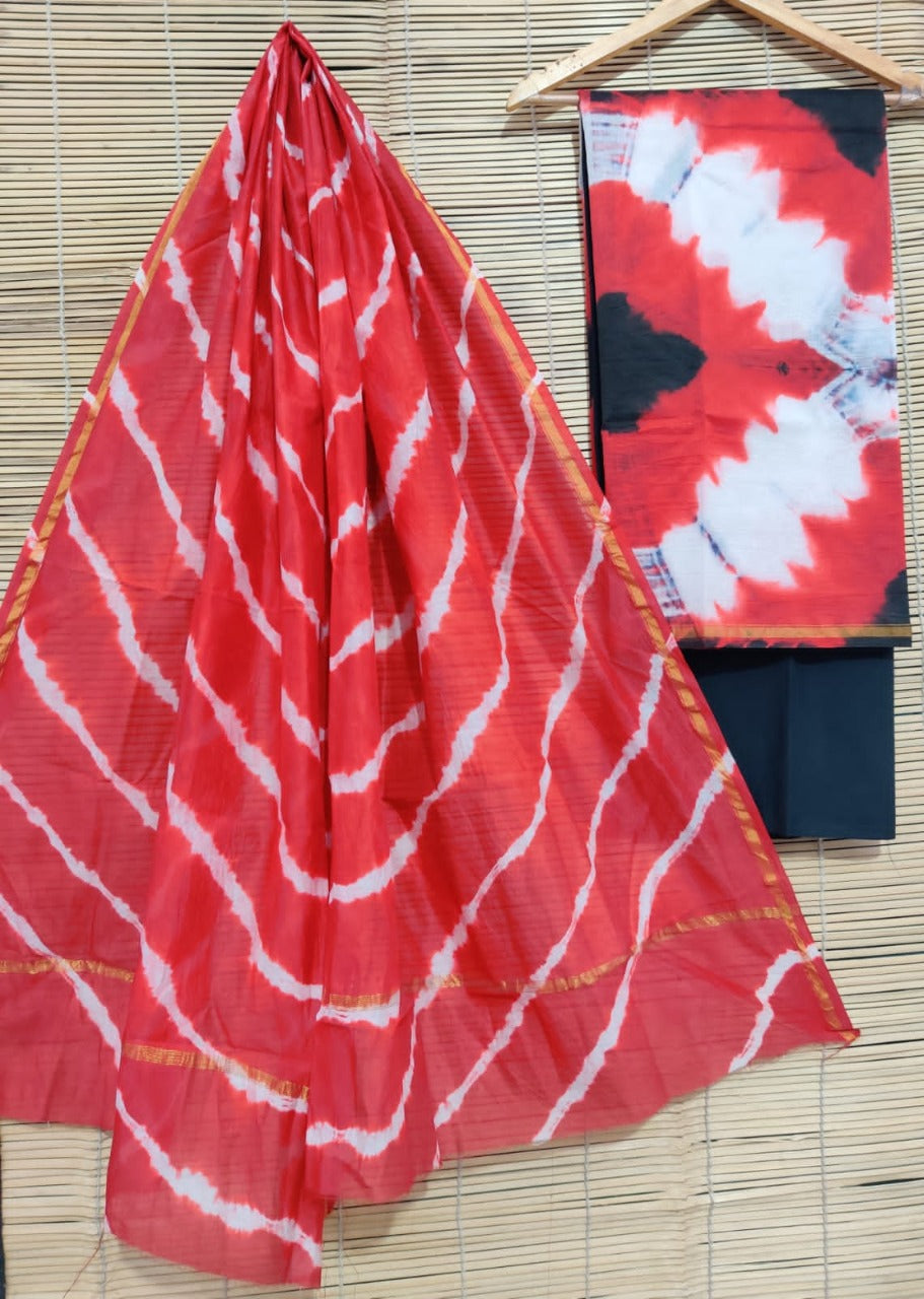Unstitched Chanderi Block Printed suits - Red & Black