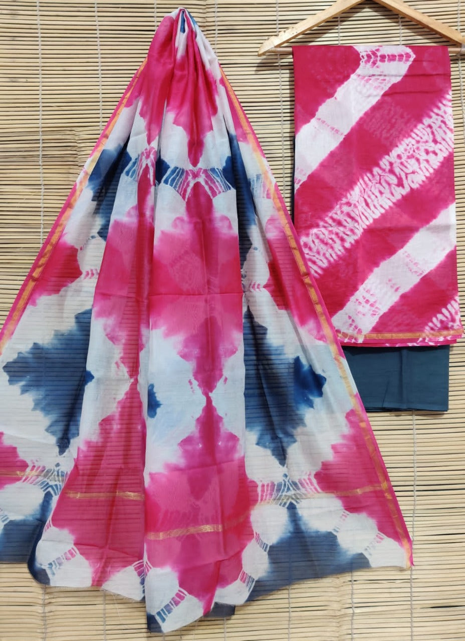 Unstitched Chanderi Block Printed suits - Pink & Grey