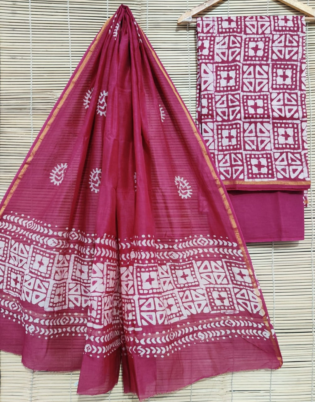 Unstitched Chanderi Block Printed suits - Magenta