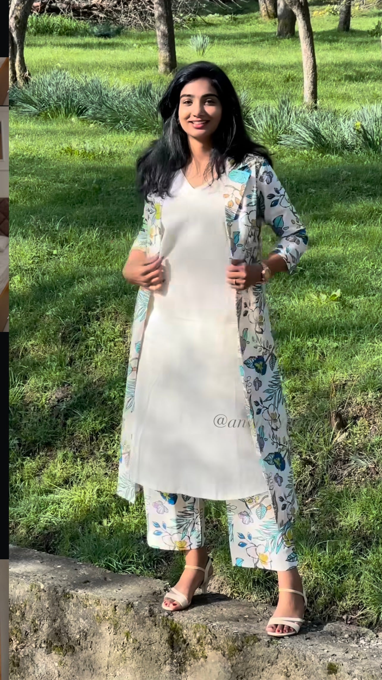 Lathika - Premium Floral Cotton Long jacket kurta set - Beige