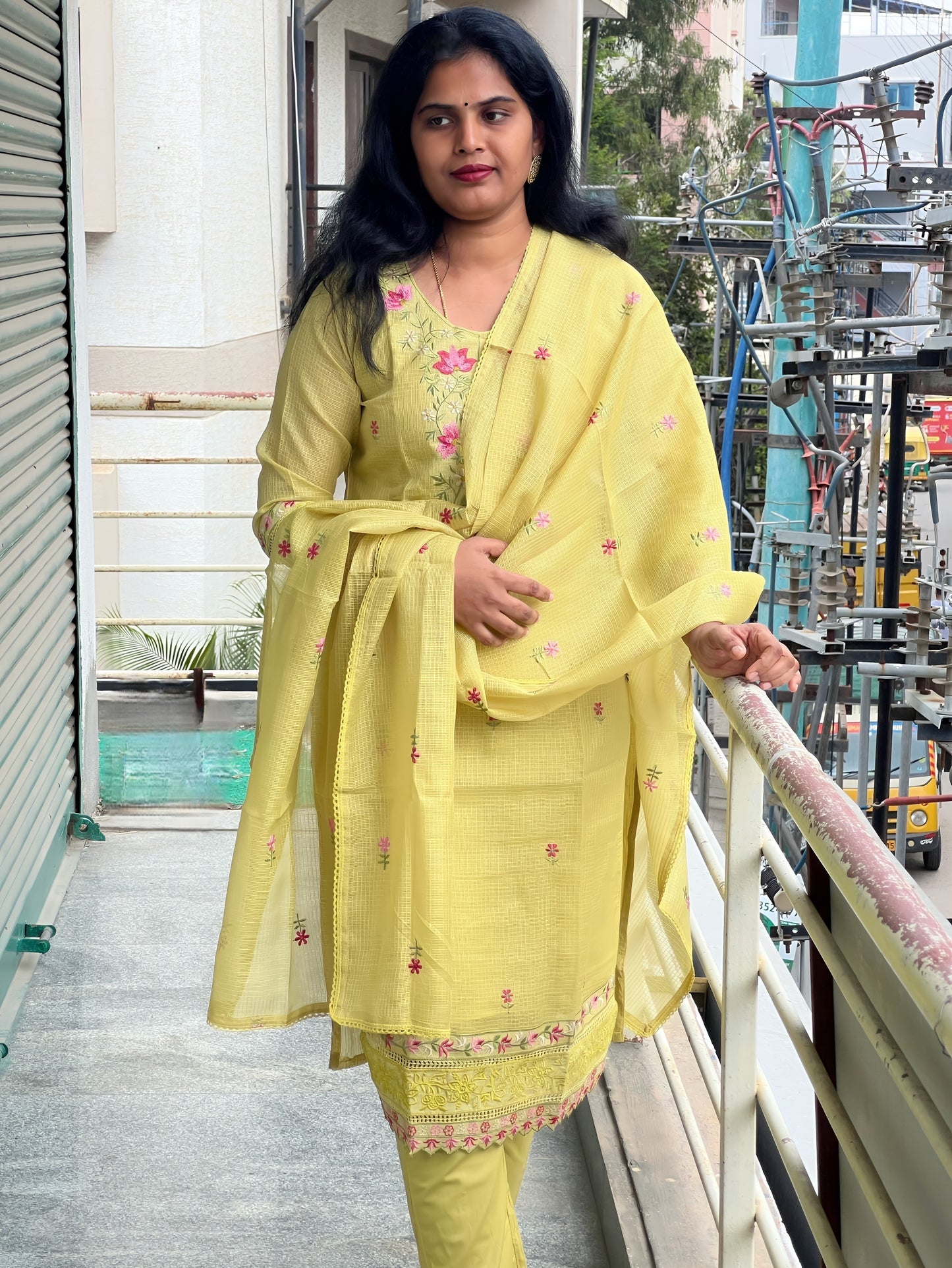 Soundarya - Kota Doria Embroidered Suit - Pastel Green