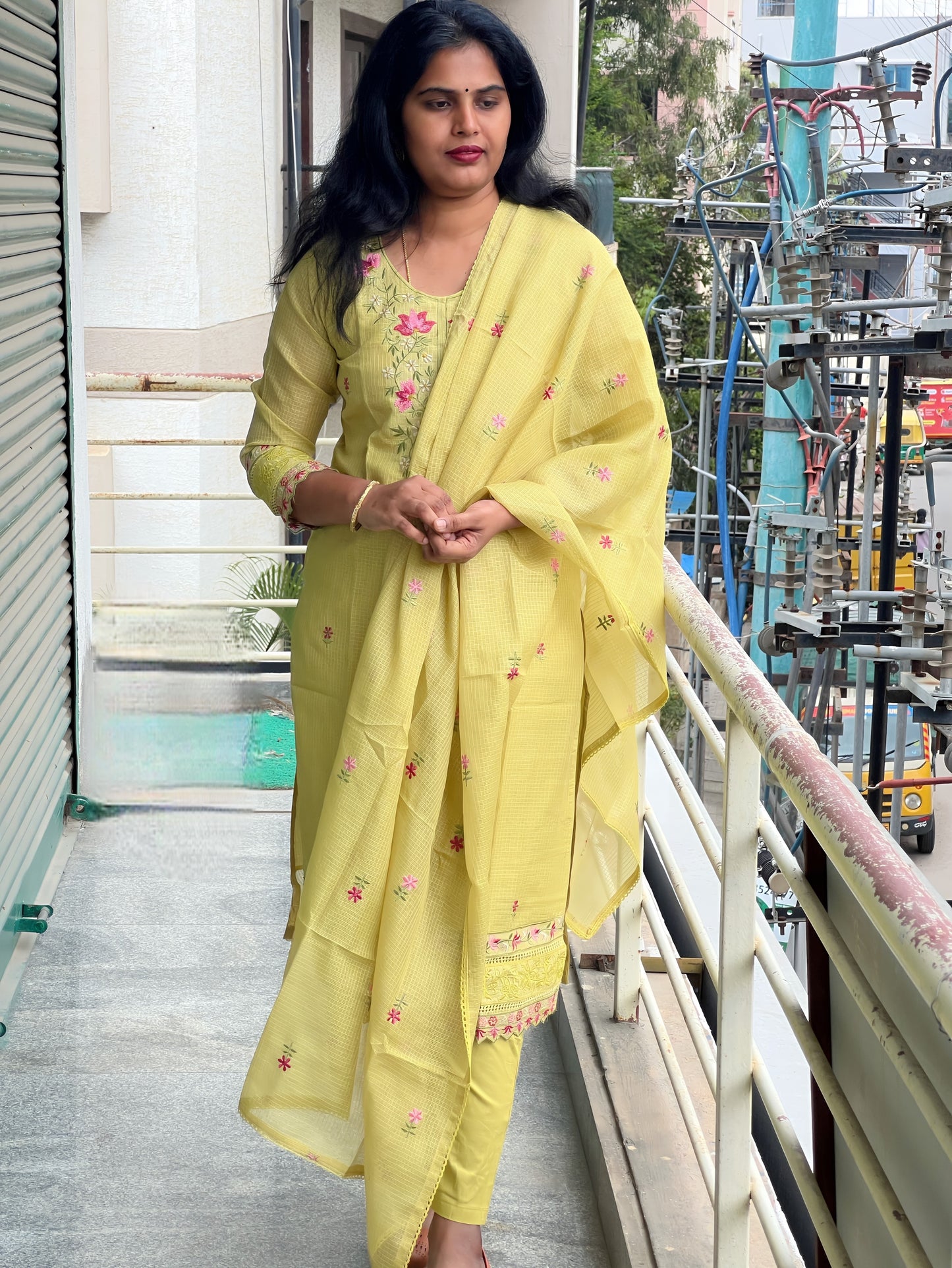 Soundarya - Kota Doria Embroidered Suit - Pastel Green