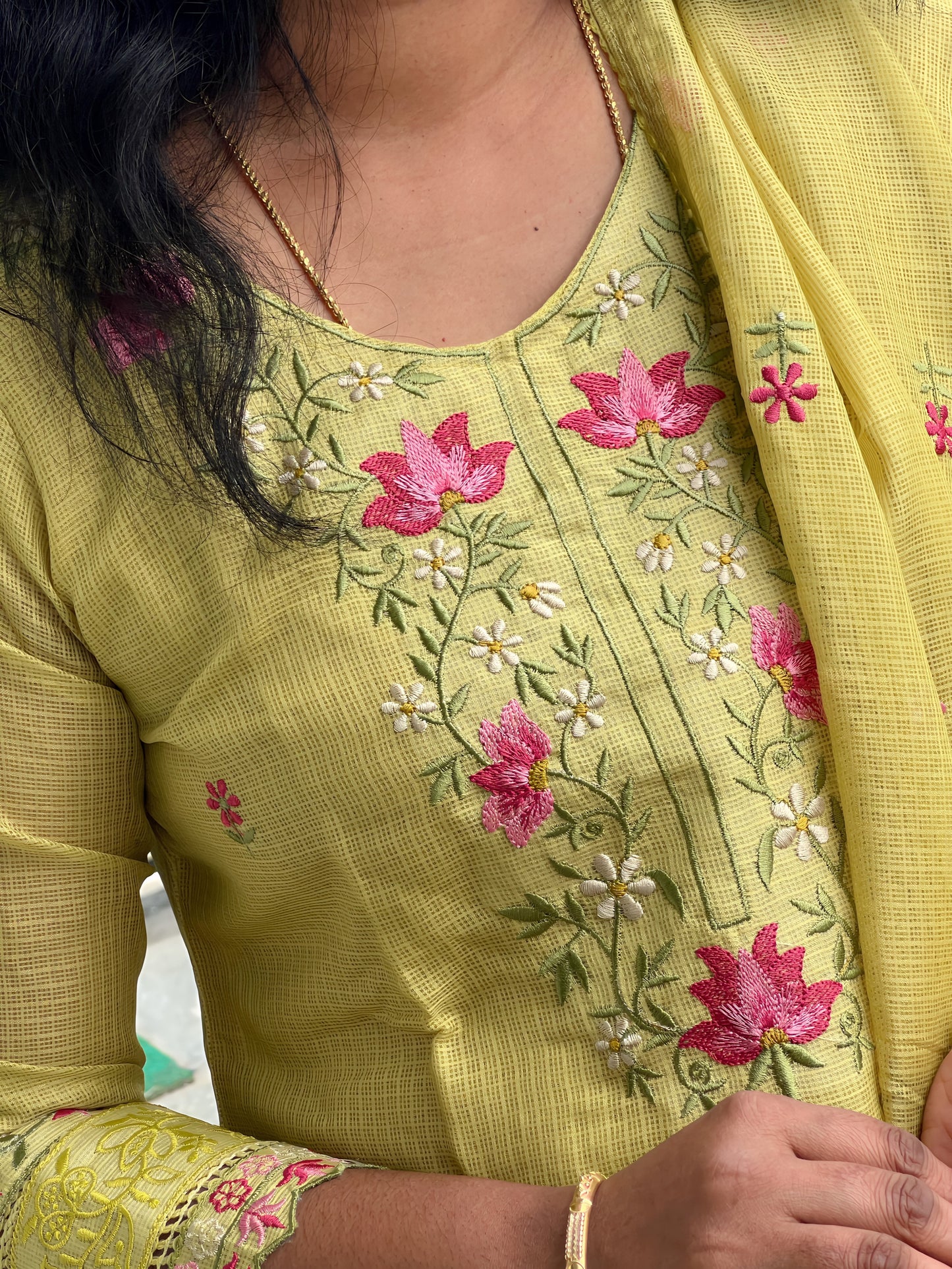 Soundarya - Kota Doria Embroidered Suit - Pastel Green