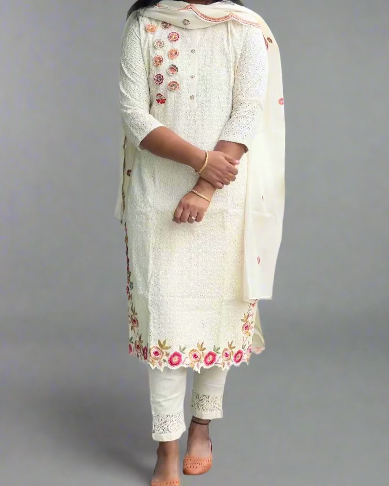 Aishwarya - Cotton Shifley embroidered set - Beige