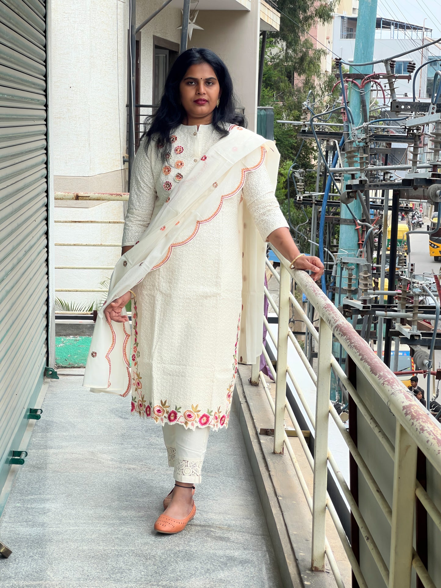 Aishwarya - Cotton Shifley embroidered set - Beige