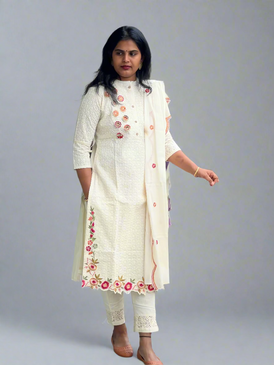 Aishwarya - Cotton Shifley embroidered set - Beige