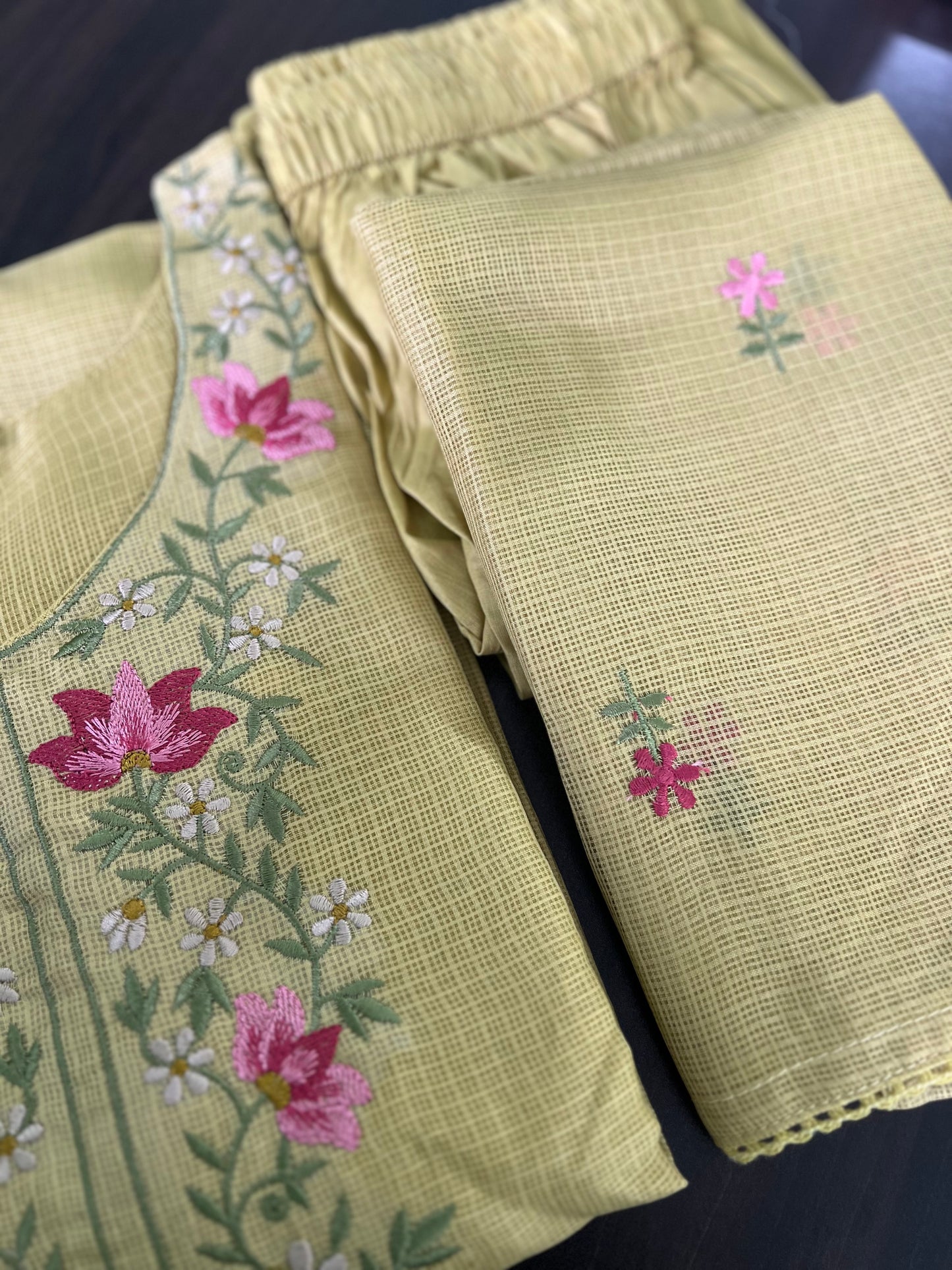 Soundarya - Kota Doria Embroidered Suit - Pastel Green