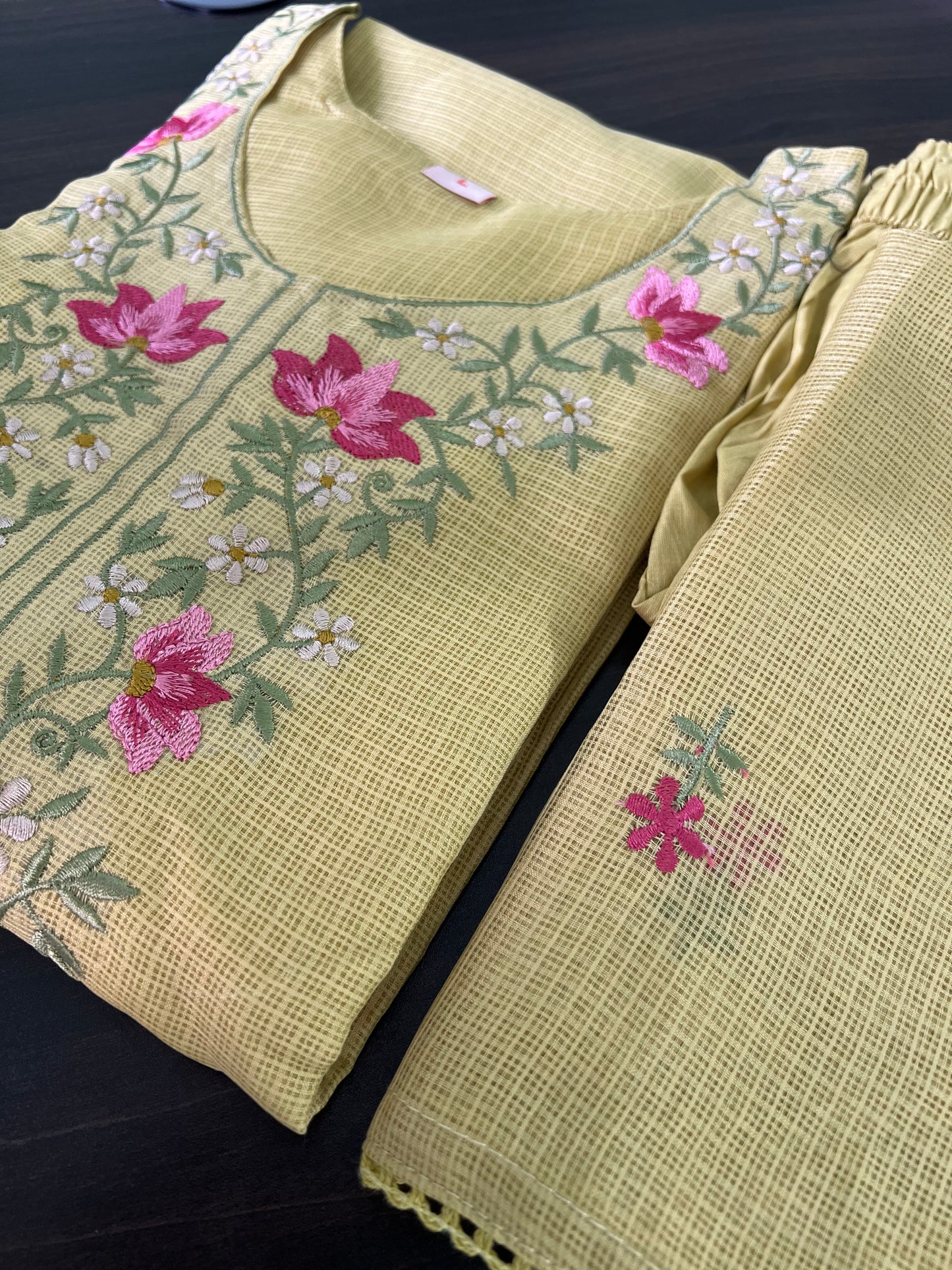 Soundarya - Kota Doria Embroidered Suit - Pastel Green