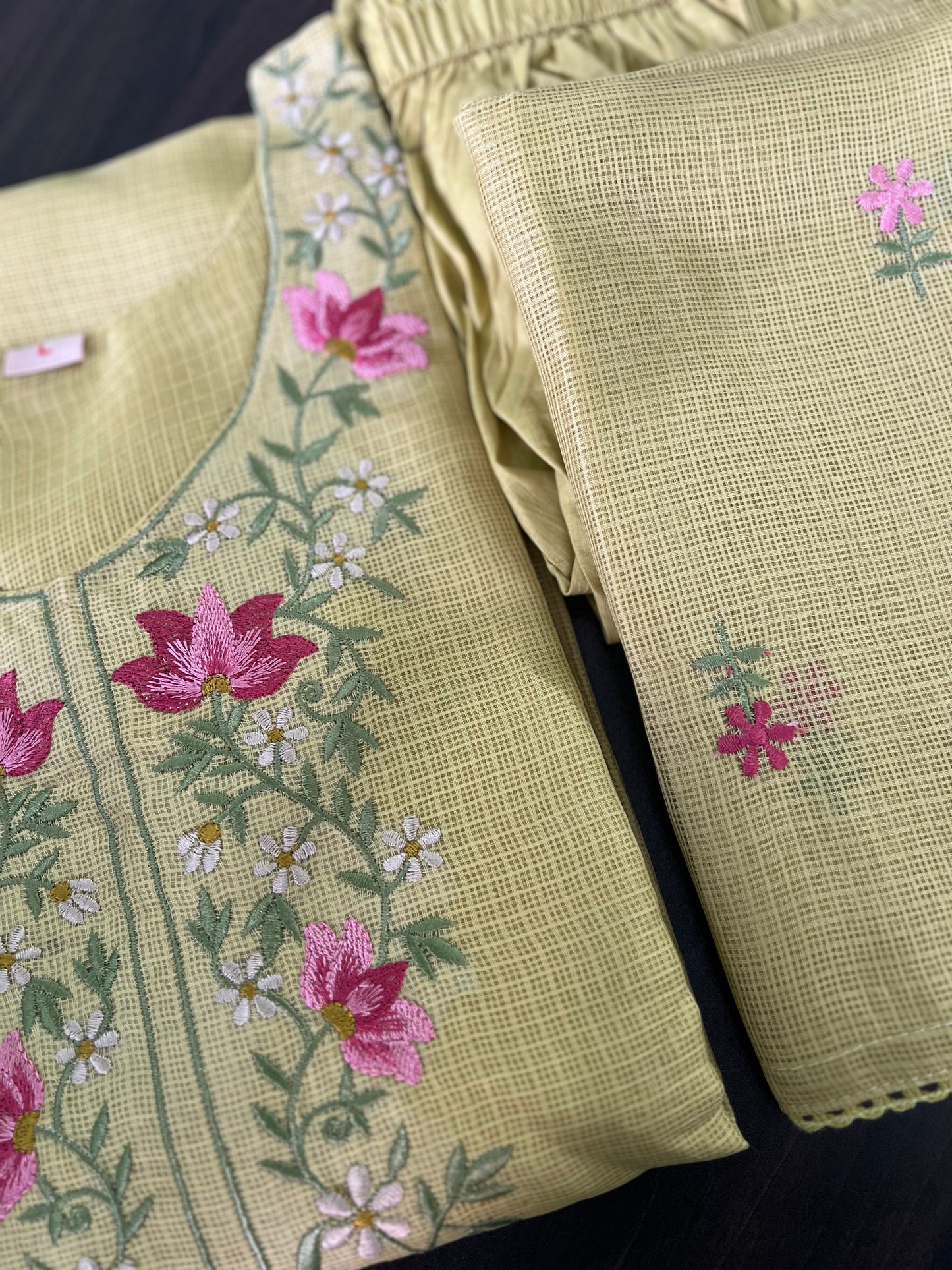 Soundarya - Kota Doria Embroidered Suit - Pastel Green