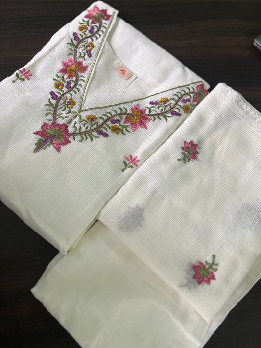 Soundarya - Kota Doria Embroidered Suit - White