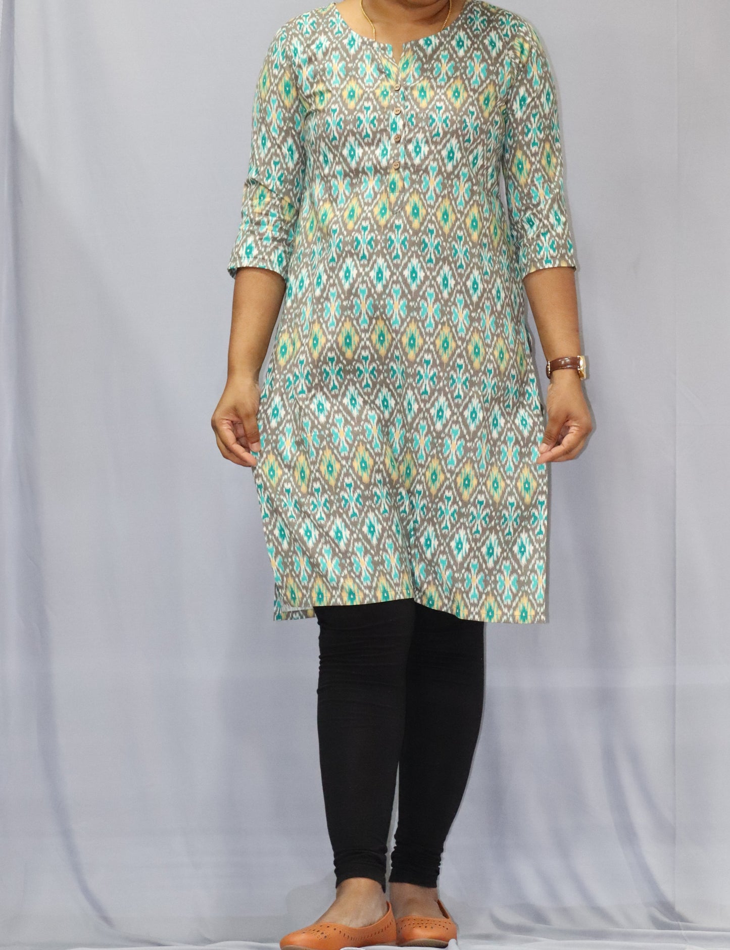 Gauri - Linen cotton Kurti - Green ikkat