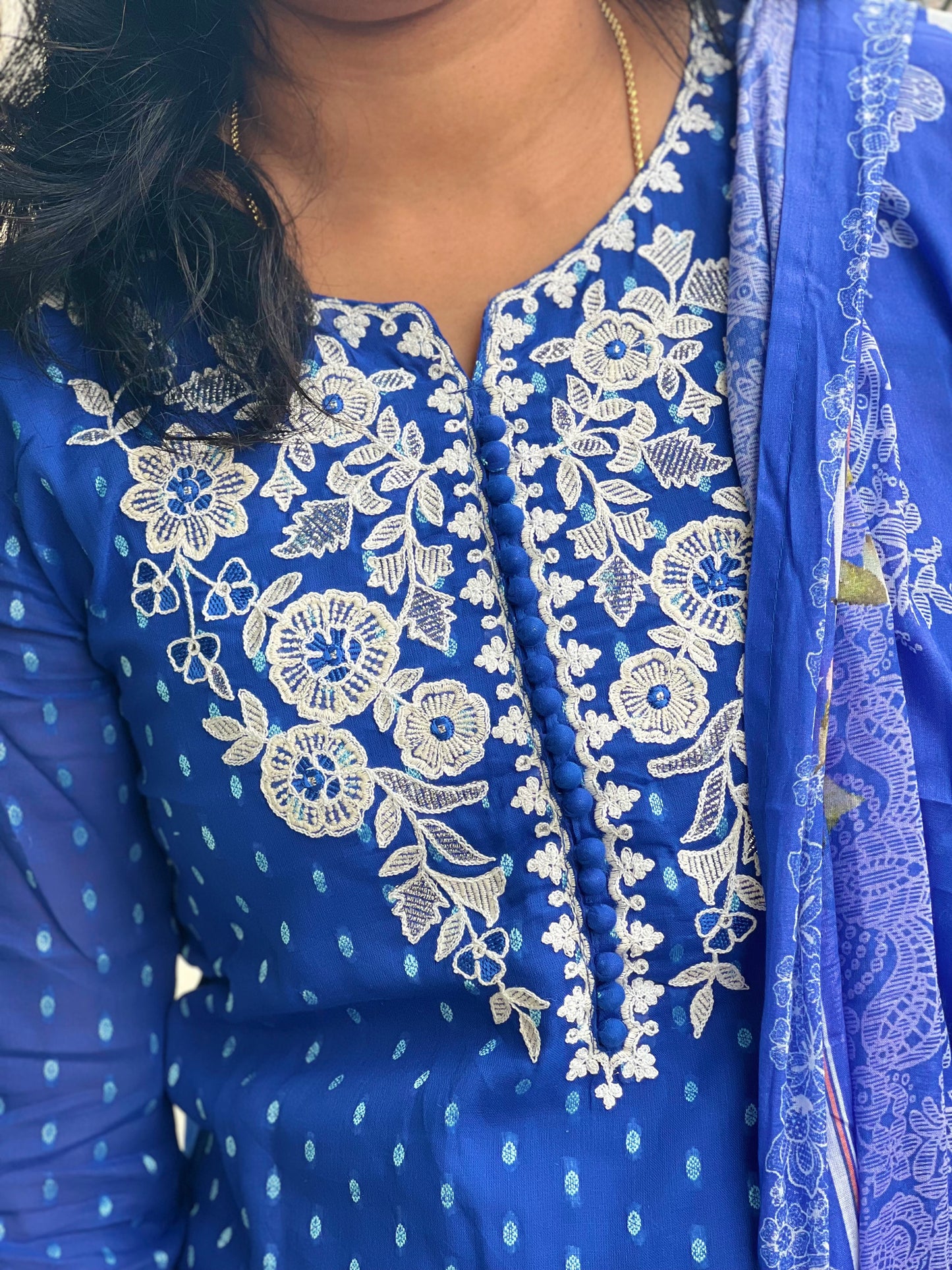 Sumeha - Cotton Suit with Embroidery - Royal Blue