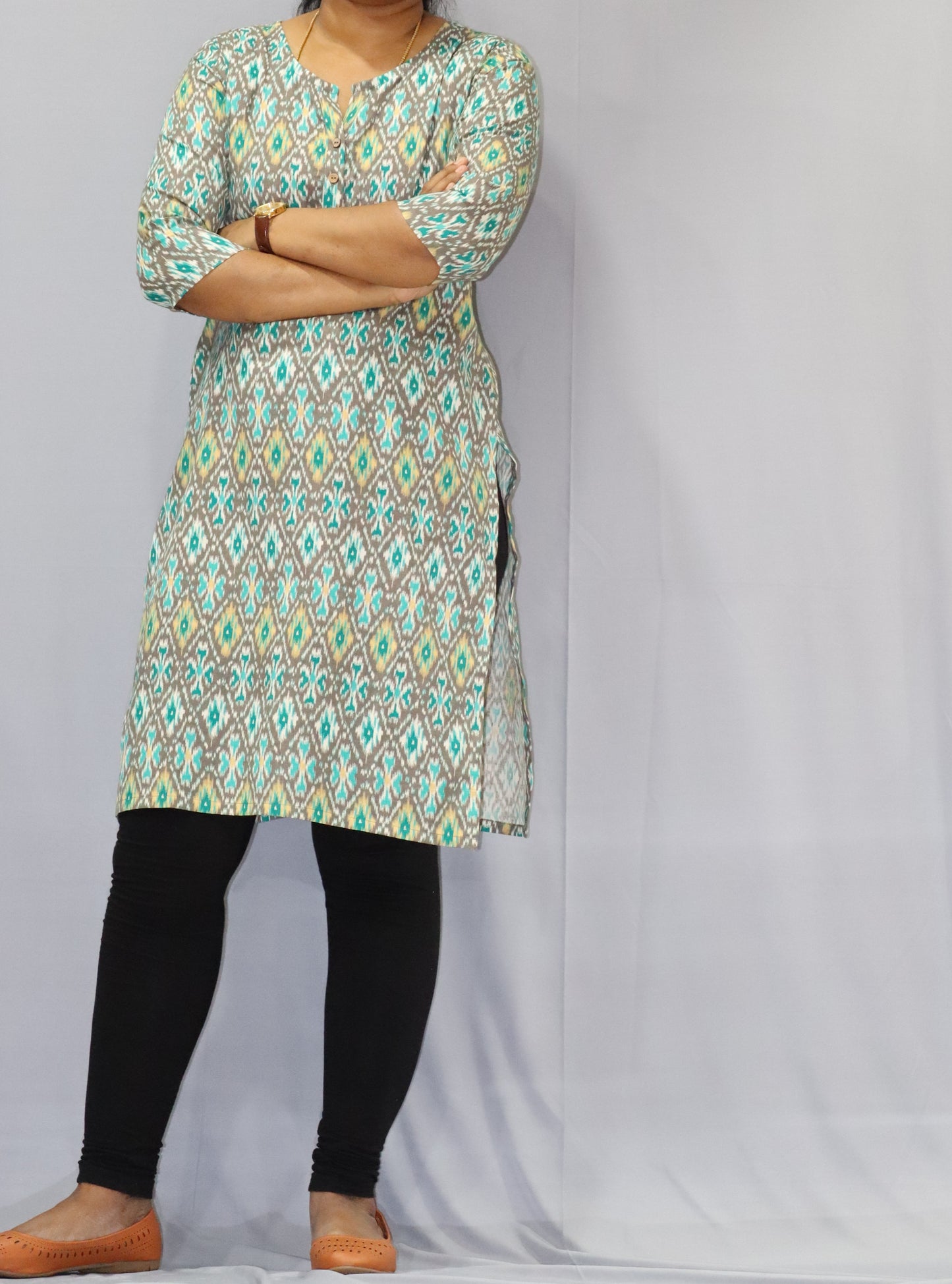 Gauri - Linen cotton Kurti - Green ikkat