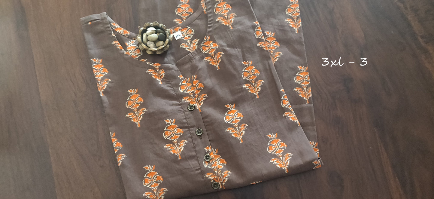 Gauri -Block Printed cotton Kurti - Brown
