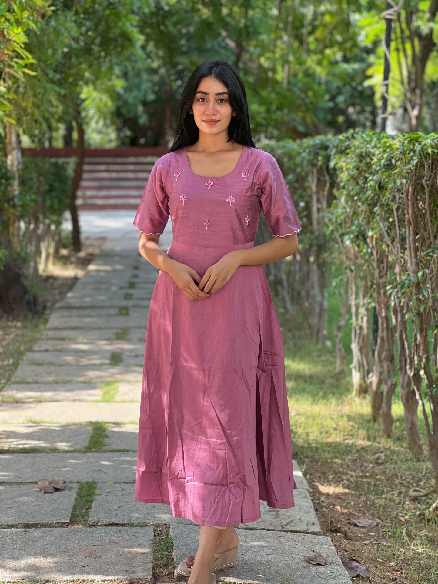 Tara - Lavender color silk cotton dress with handwork