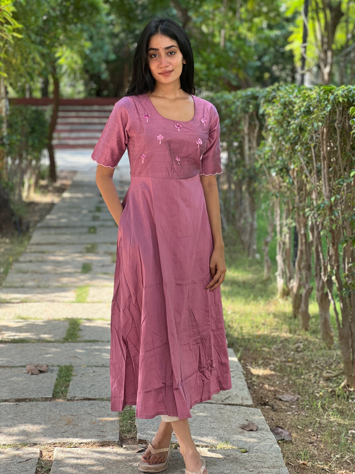 Tara - Lavender color silk cotton dress with handwork