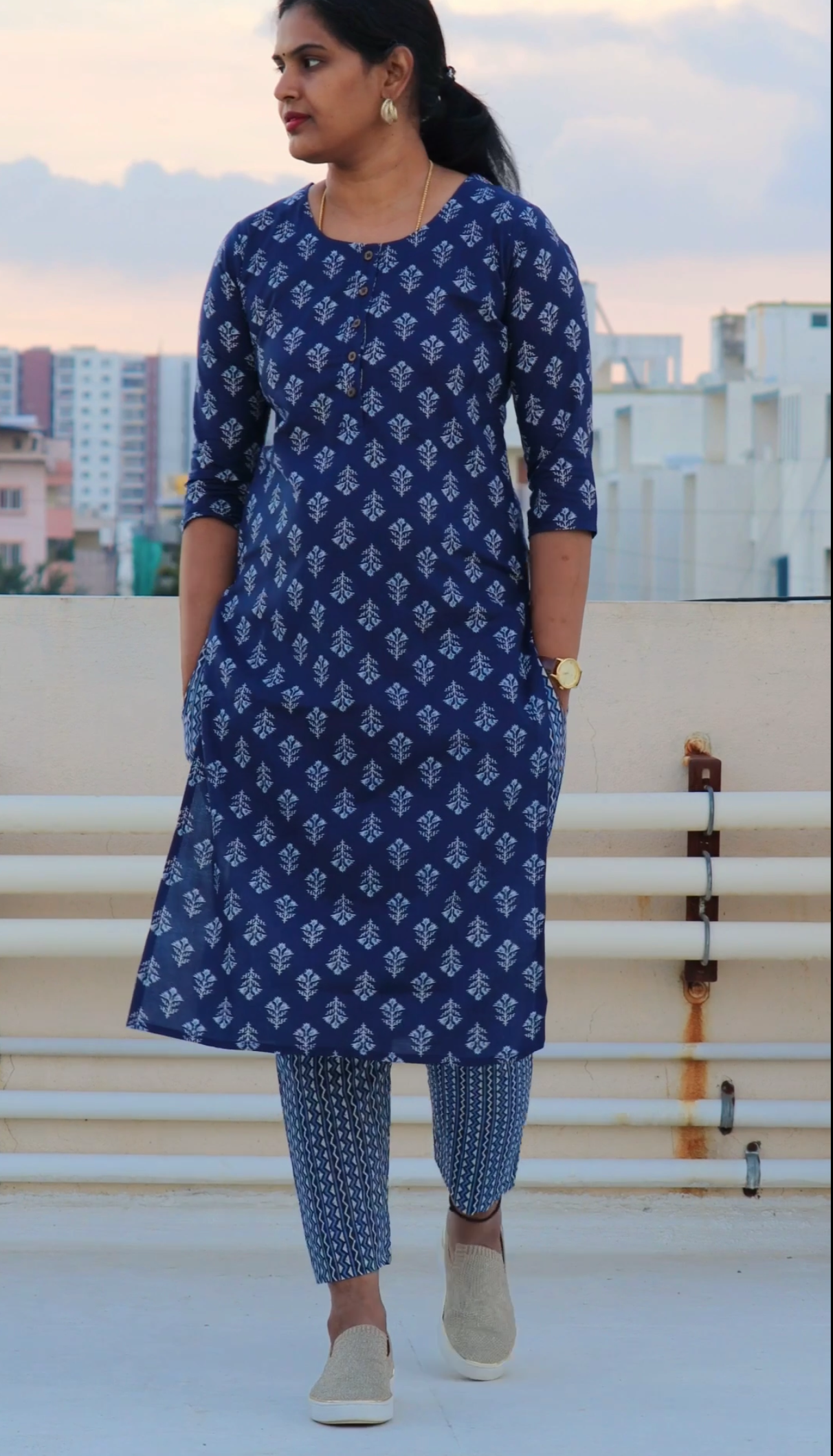Anya - Pure Block Printed Kurti and pant set - Navy