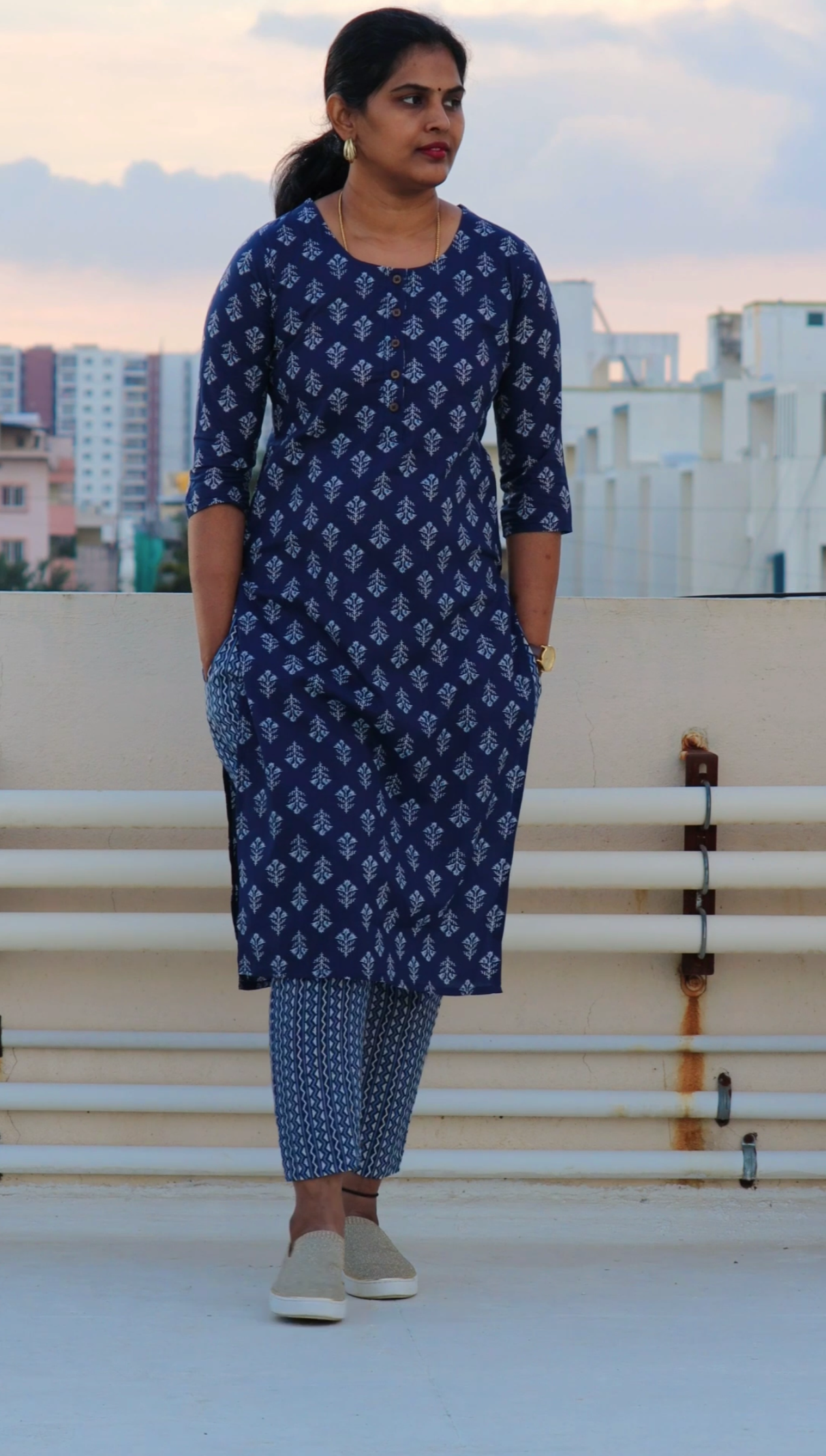 Anya - Pure Block Printed Kurti and pant set - Navy