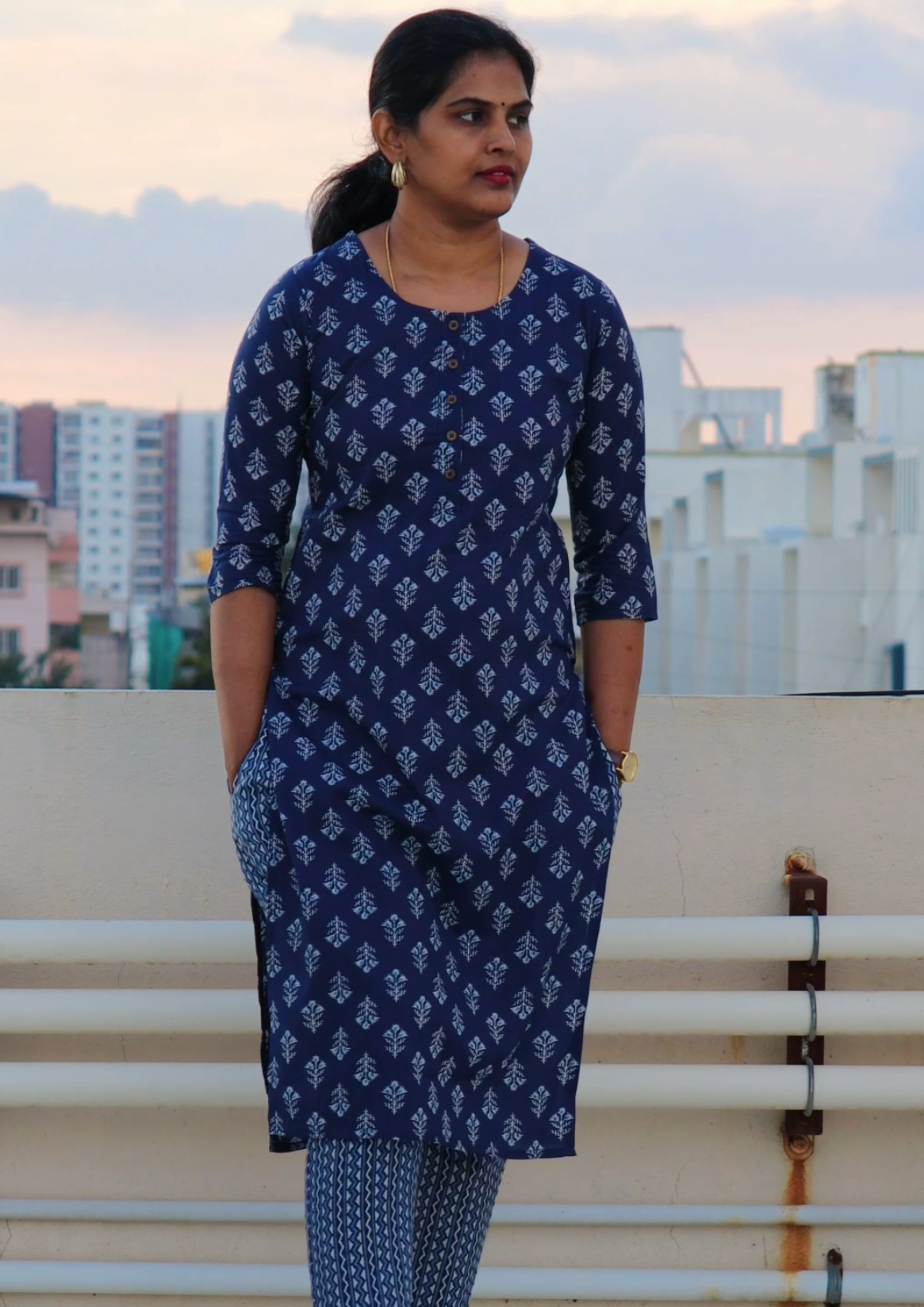 Anya - Pure Block Printed Kurti and pant set - Navy