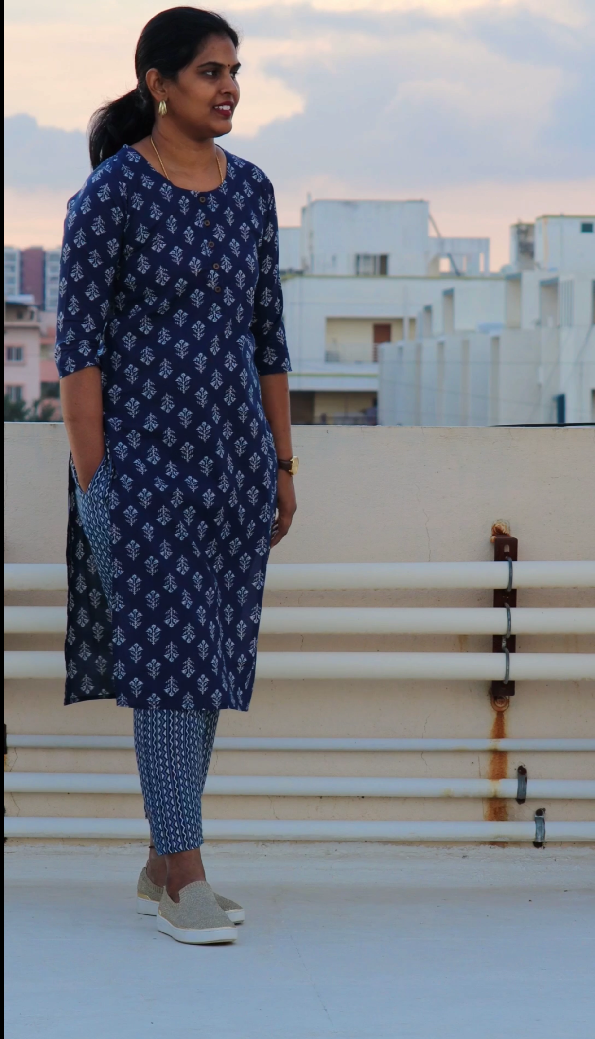 Anya - Pure Block Printed Kurti and pant set - Navy