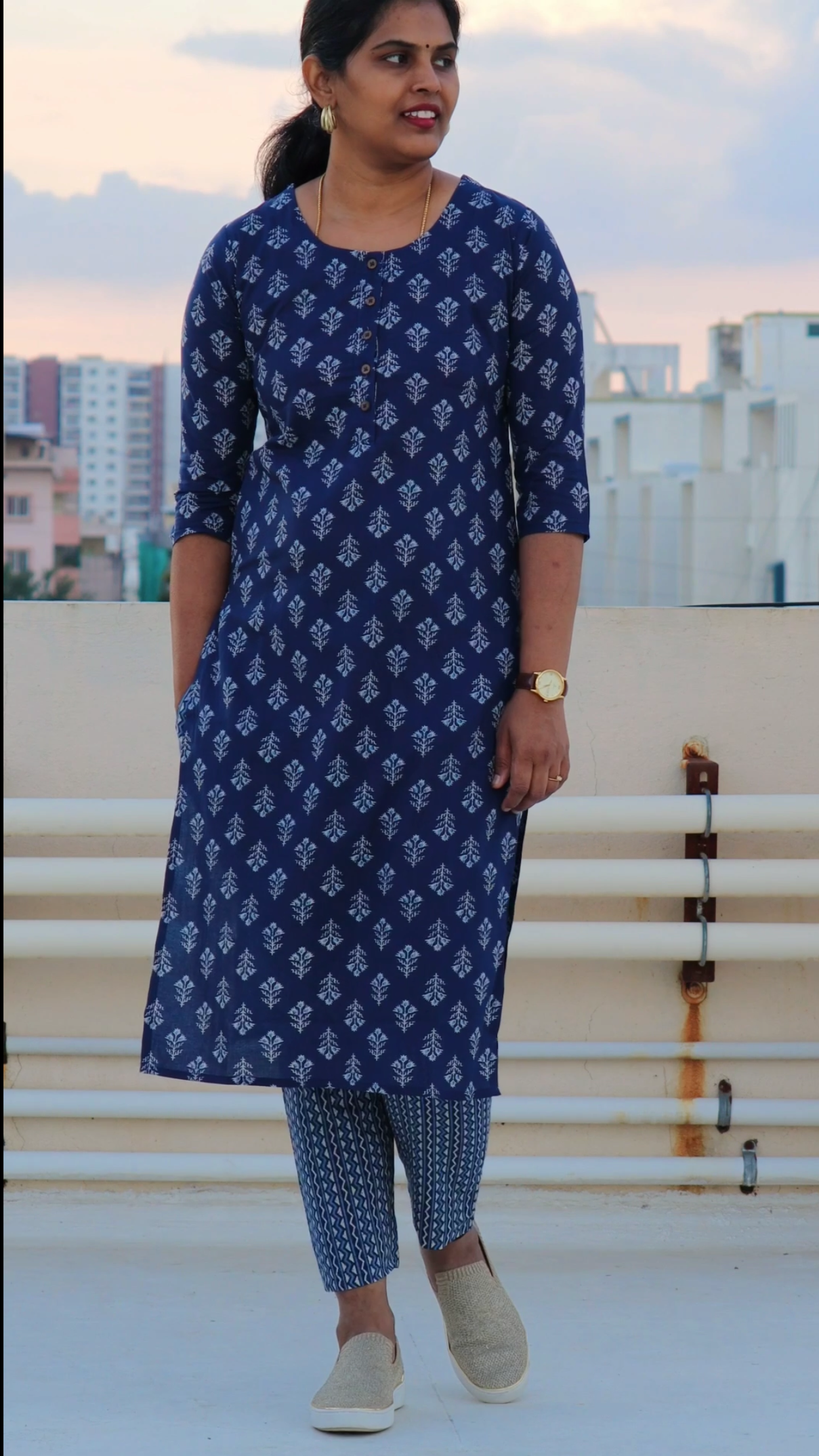Anya - Pure Block Printed Kurti and pant set - Navy