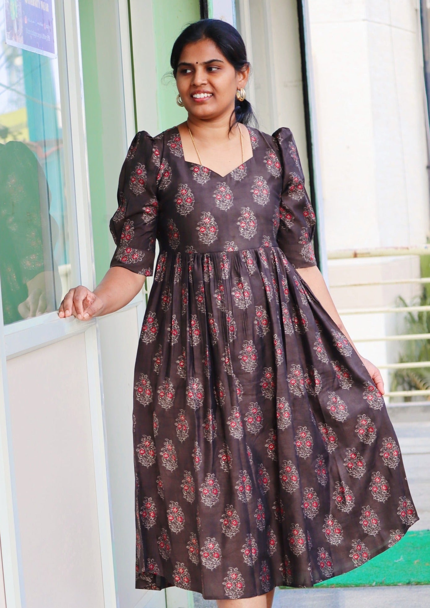 Saara - Muslin Designer sleeves Casual / Vacation dress - Brown