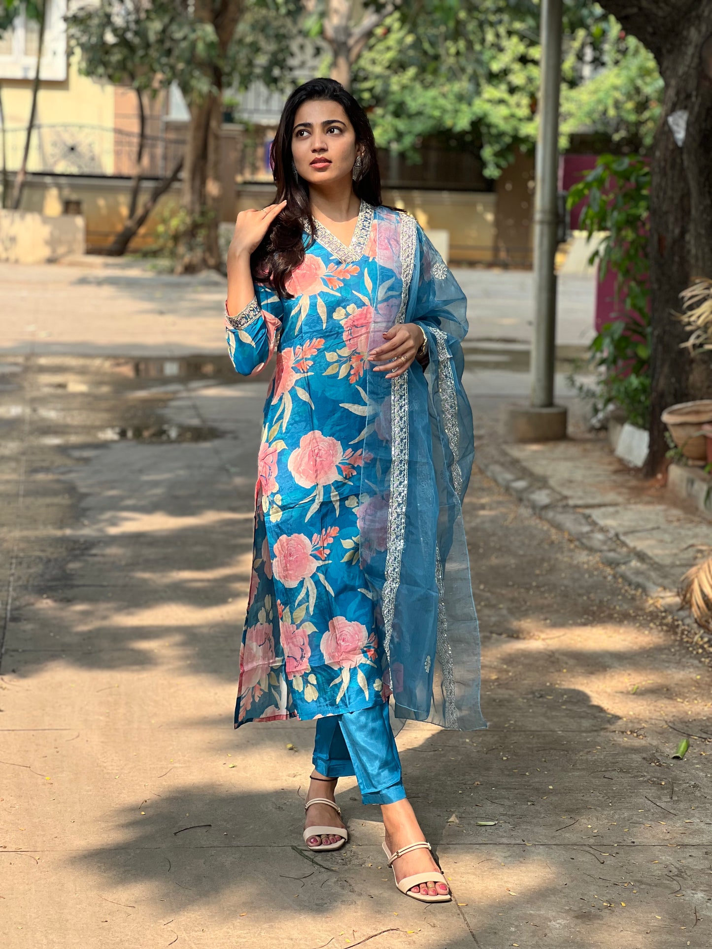 Kiara - Floral Silk kurti set - Blue