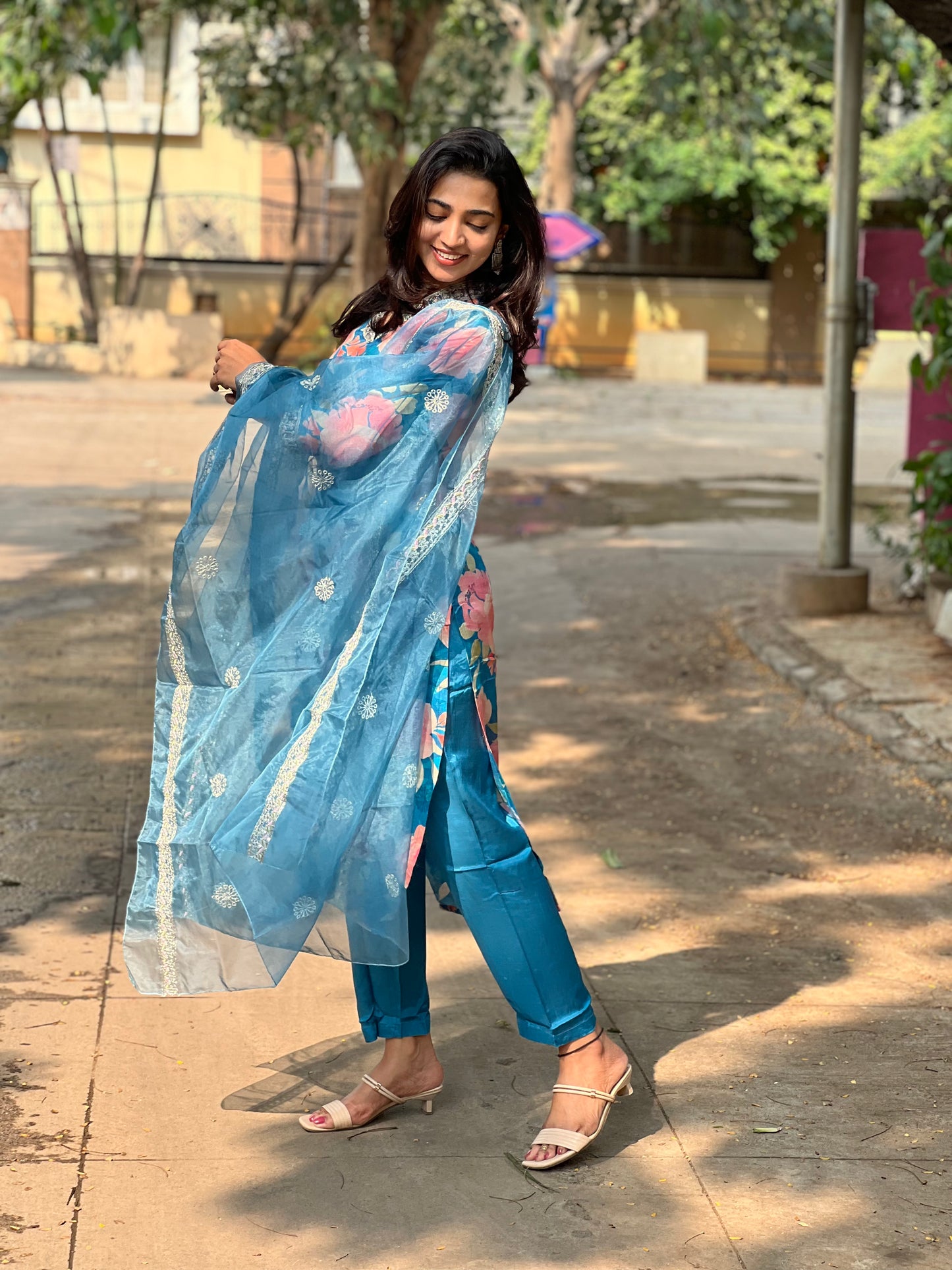 Kiara - Floral Silk kurti set - Blue