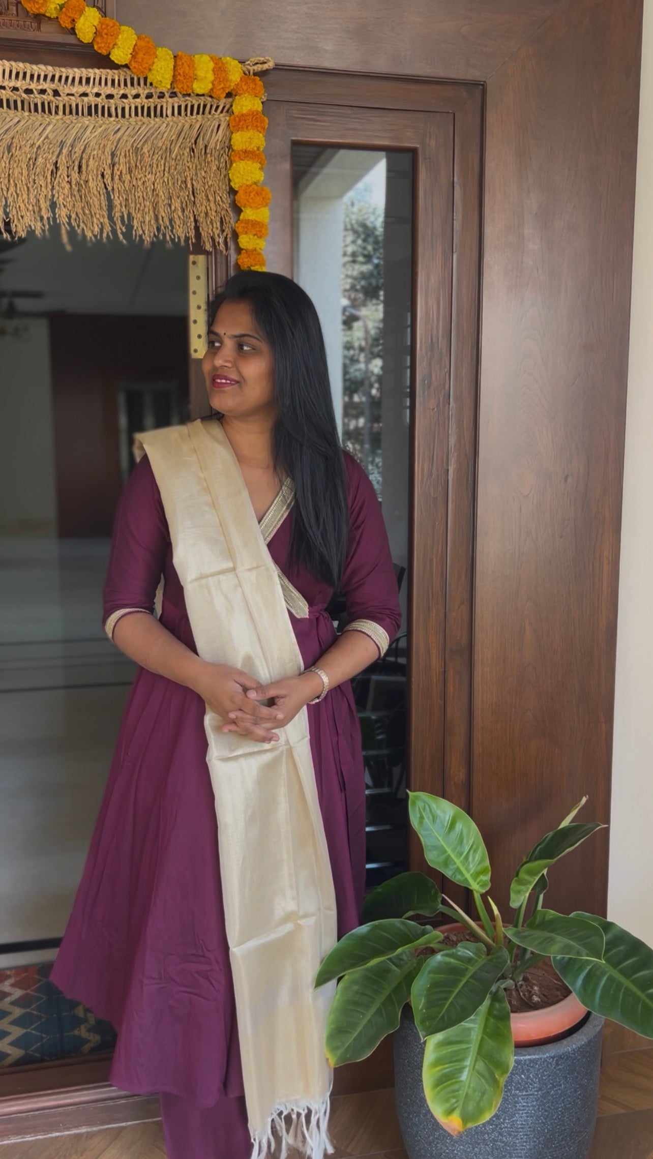 Jabili – Silk Cotton Wrap Anarkali Coord Set with Pants – Wine