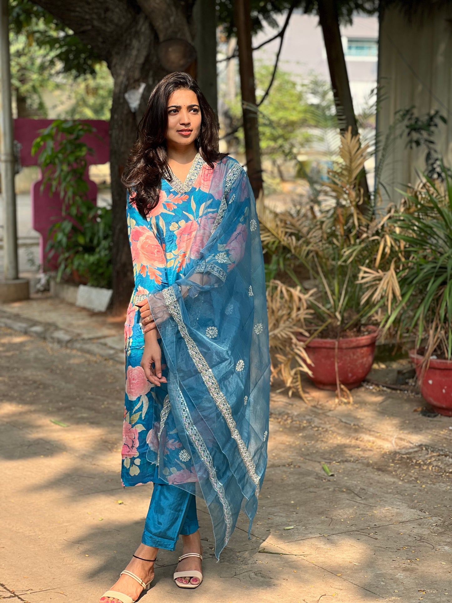 Kiara - Floral Silk kurti set - Blue