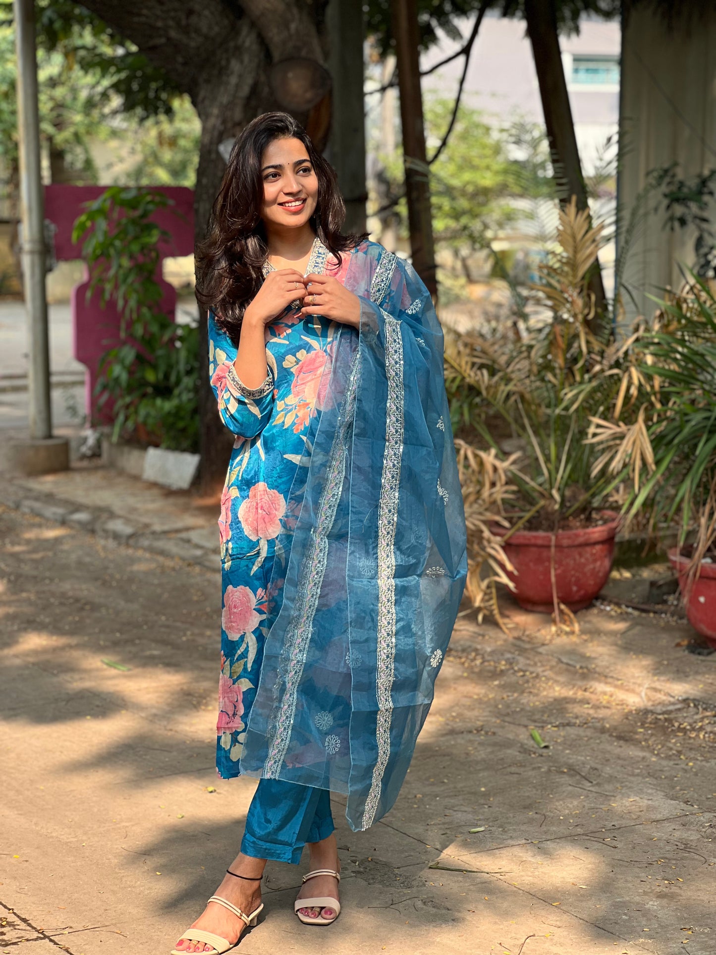 Kiara - Floral Silk kurti set - Blue