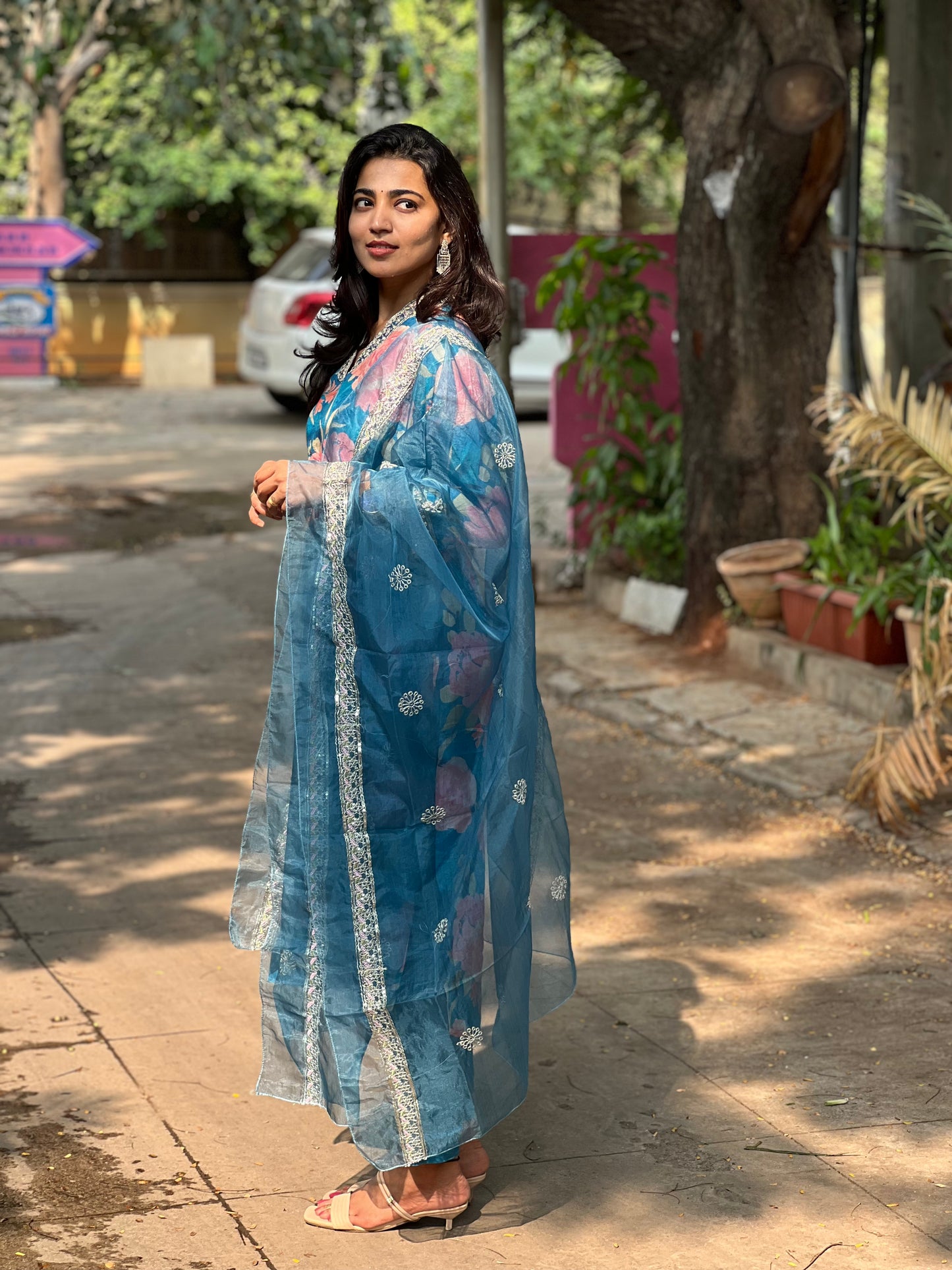 Kiara - Floral Silk kurti set - Blue
