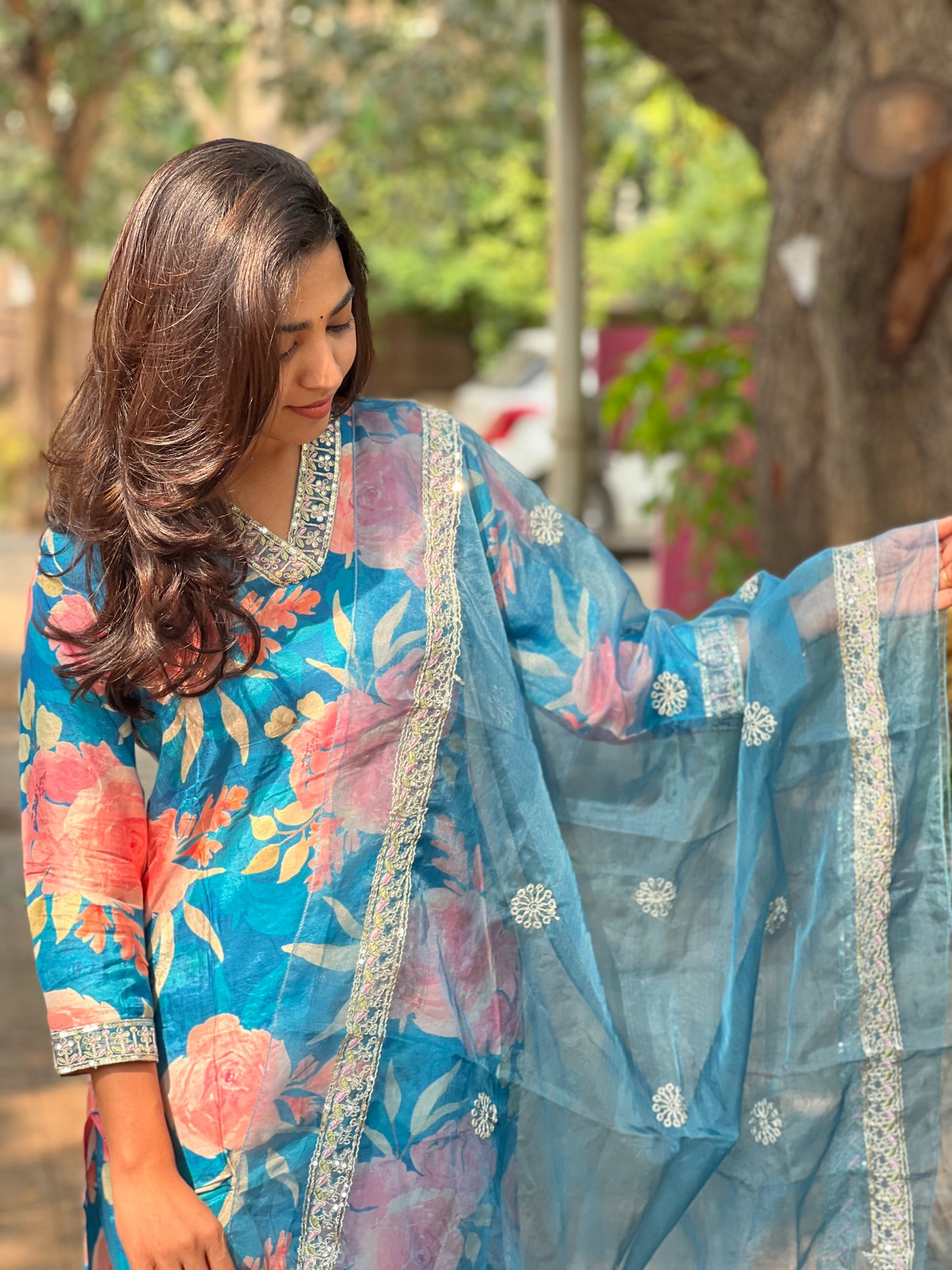 Kiara - Floral Silk kurti set - Blue
