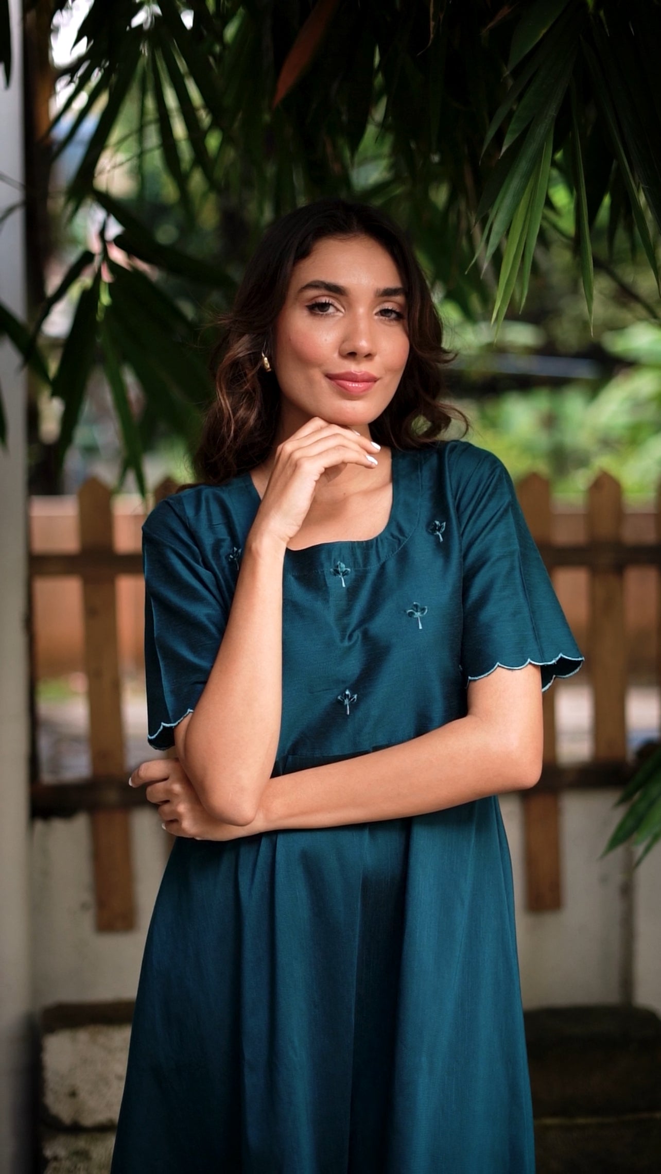 Tara - Teal color silk cotton dress with handwork