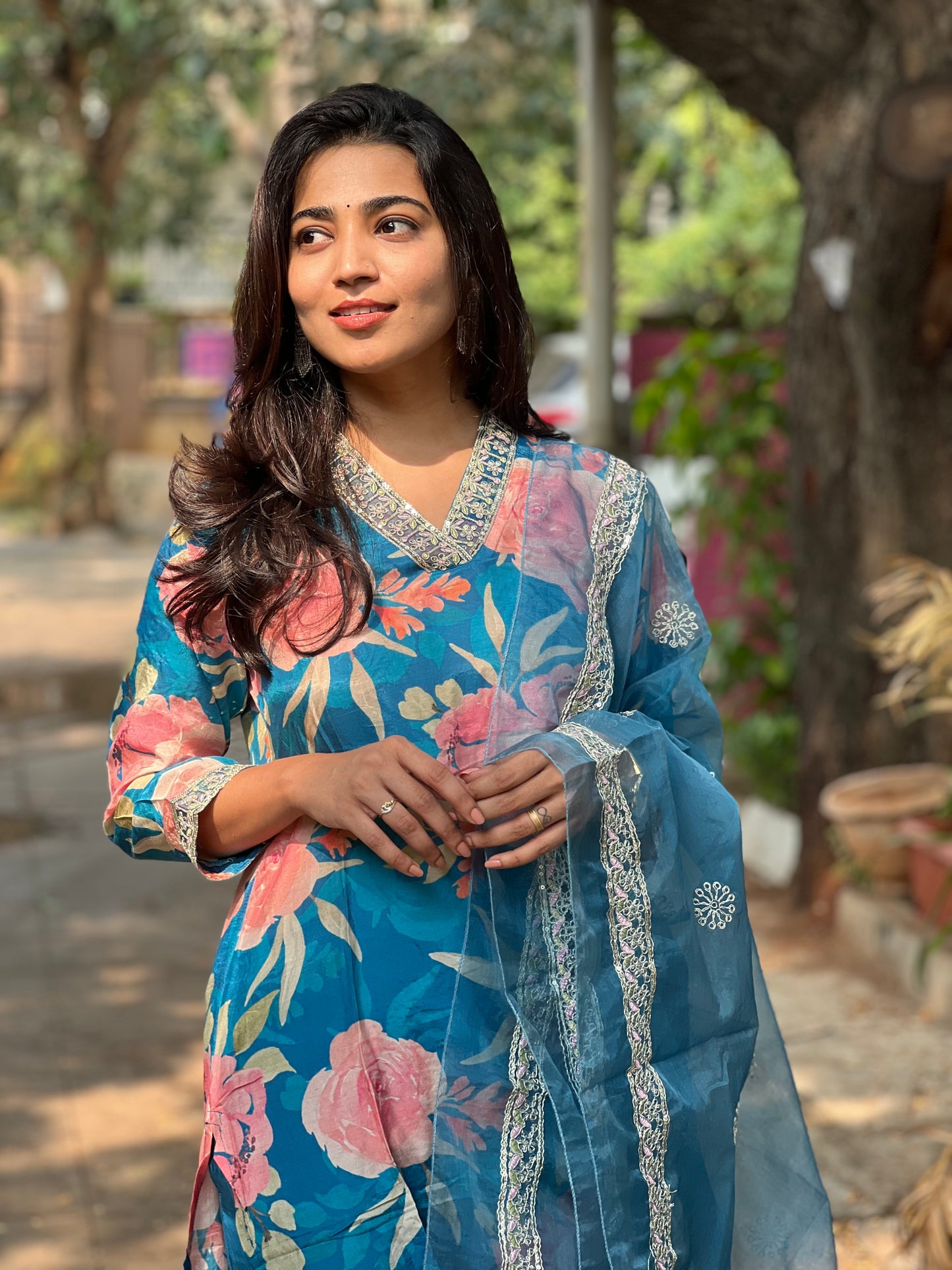 Kiara - Floral Silk kurti set - Blue